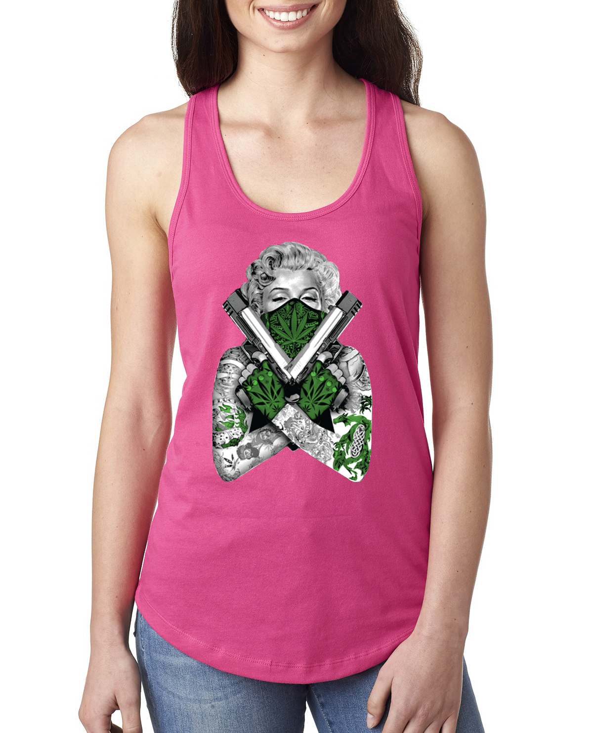 Camiseta sin mangas Marilyn Monroe marihuana dos armas mujer Racerback - Imagen 14 de 16