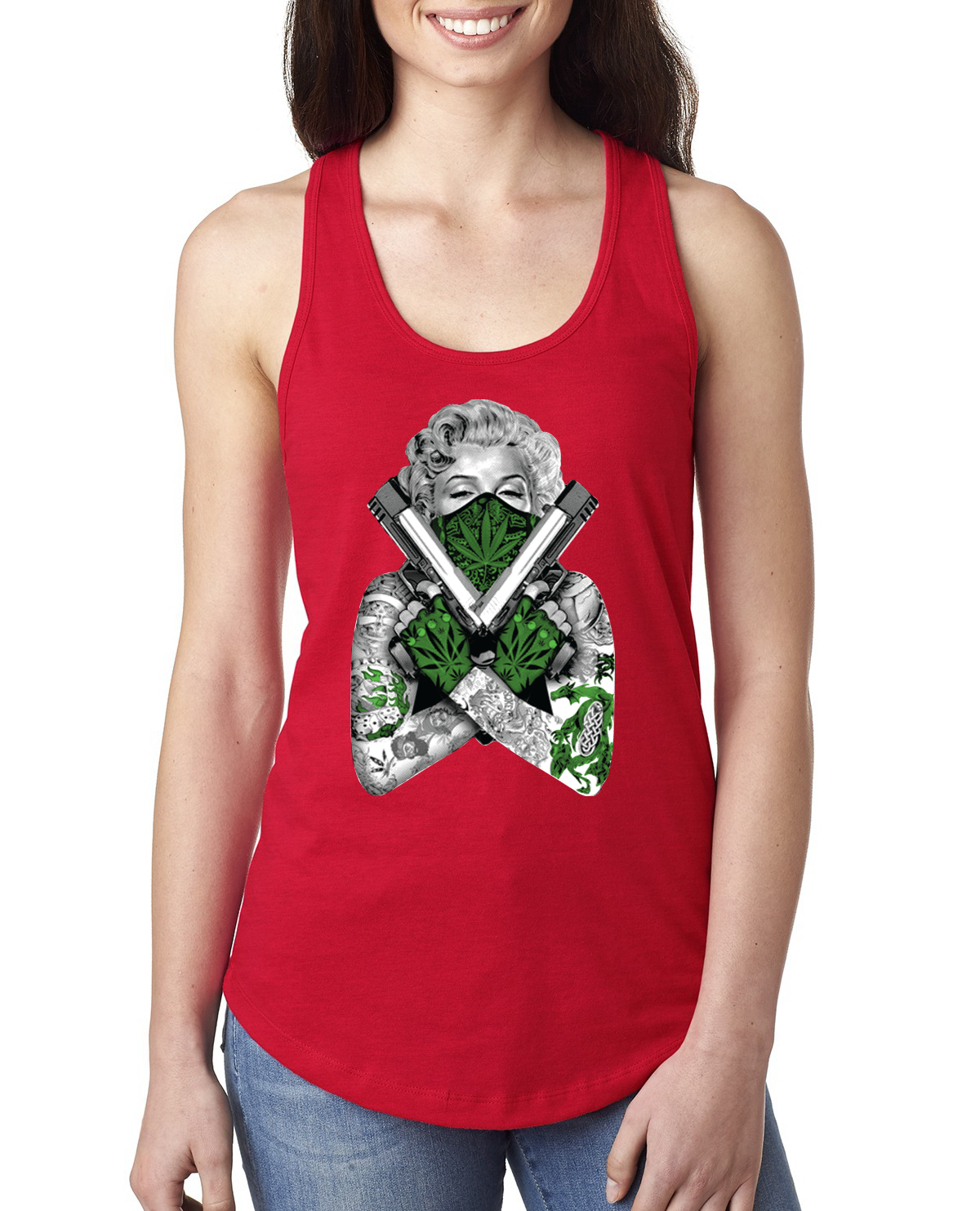 Camiseta sin mangas Marilyn Monroe marihuana dos armas mujer Racerback - Imagen 7 de 16