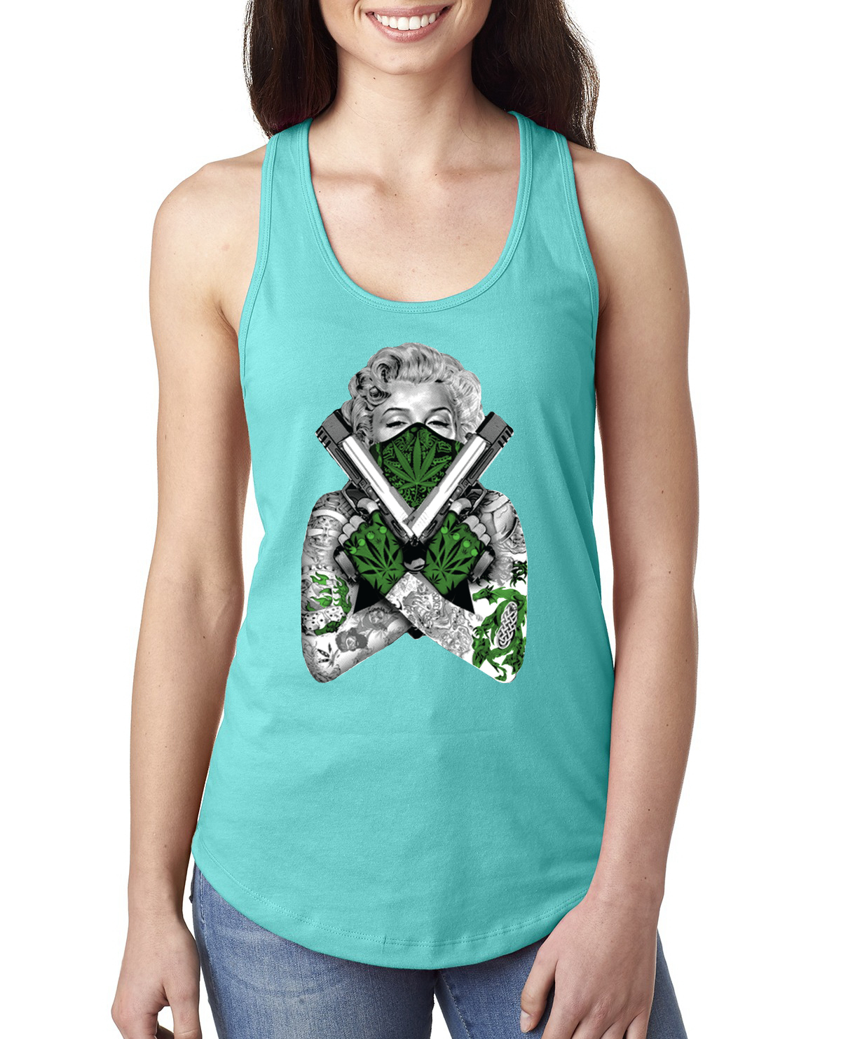 Camiseta sin mangas Marilyn Monroe marihuana dos armas mujer Racerback - Imagen 10 de 16
