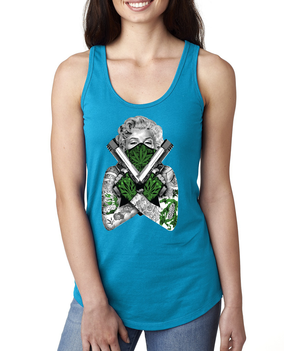 Camiseta sin mangas Marilyn Monroe marihuana dos armas mujer Racerback - Imagen 15 de 16