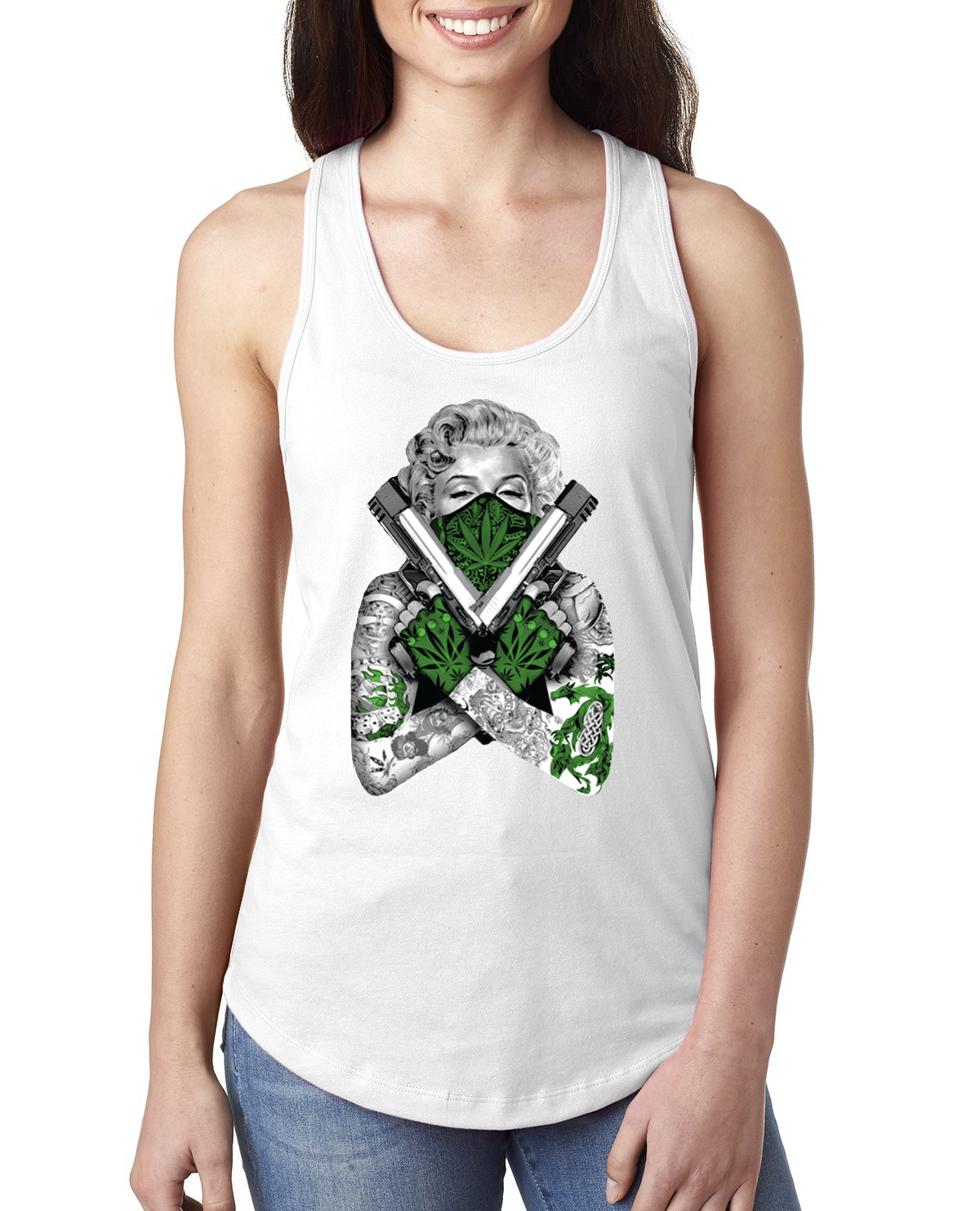 Camiseta sin mangas Marilyn Monroe marihuana dos armas mujer Racerback - Imagen 9 de 16