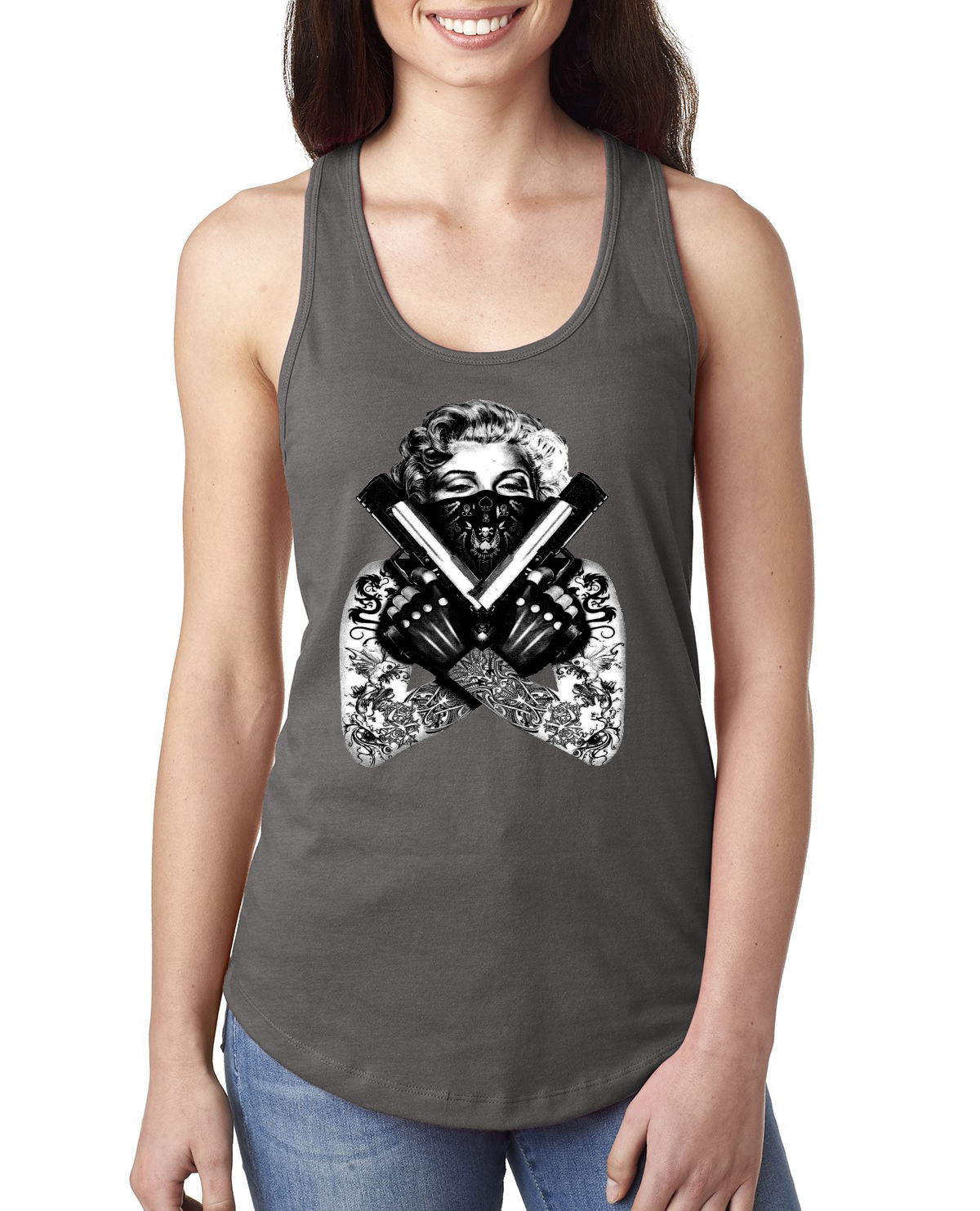 Marilyn Monroe Badass Tattoo Art Guns Women Jersey Racerback Tank Top - Picture 10 of 16