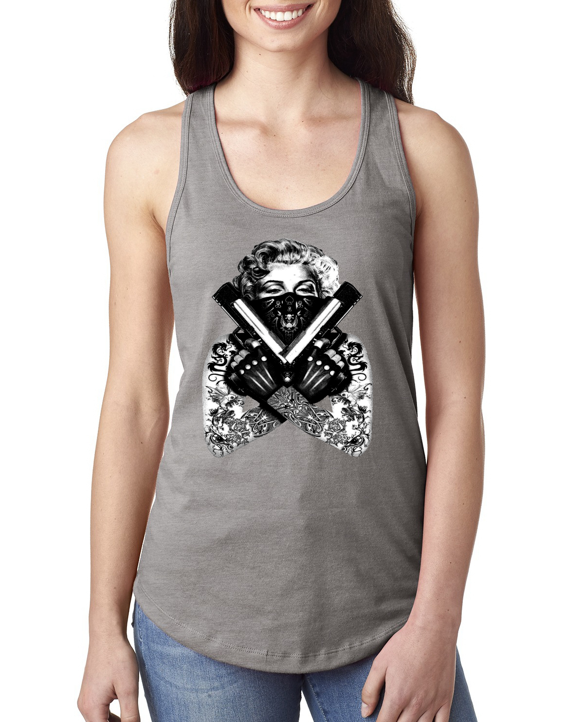 Marilyn Monroe Badass Tattoo Art Guns Women Jersey Racerback Tank Top - Picture 4 of 16