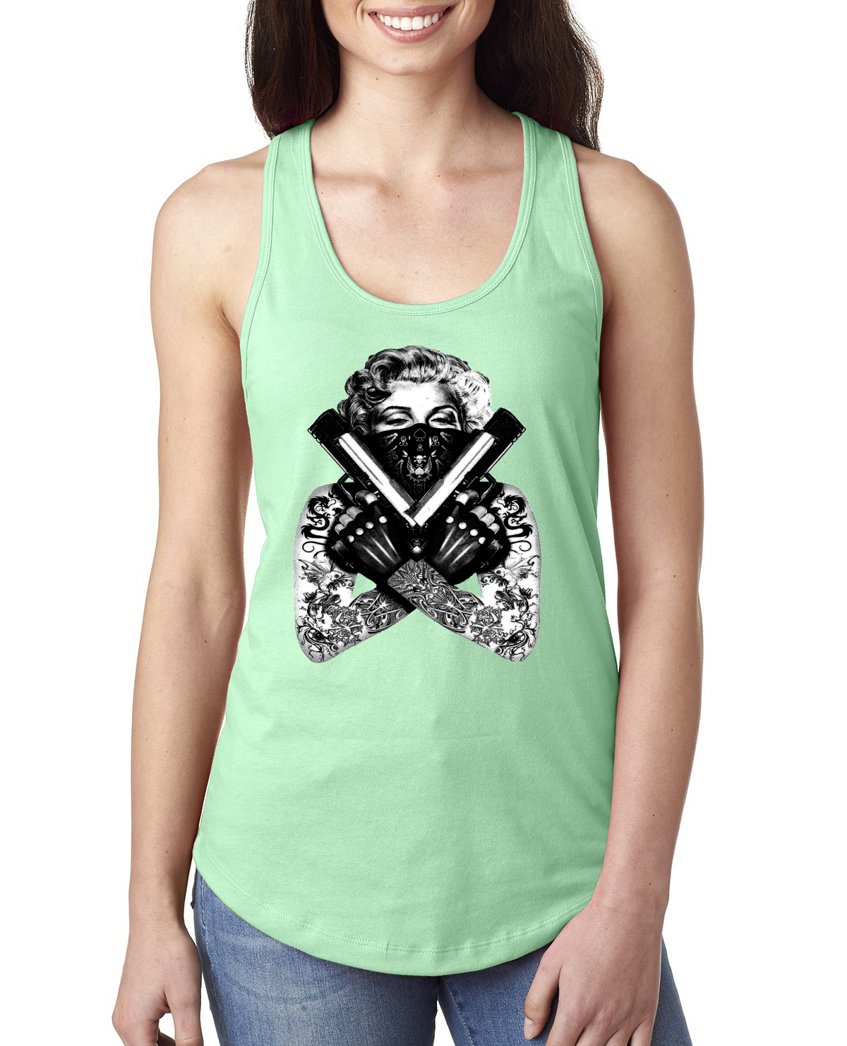 Marilyn Monroe Badass Tattoo Art Guns Women Jersey Racerback Tank Top - Picture 15 of 16