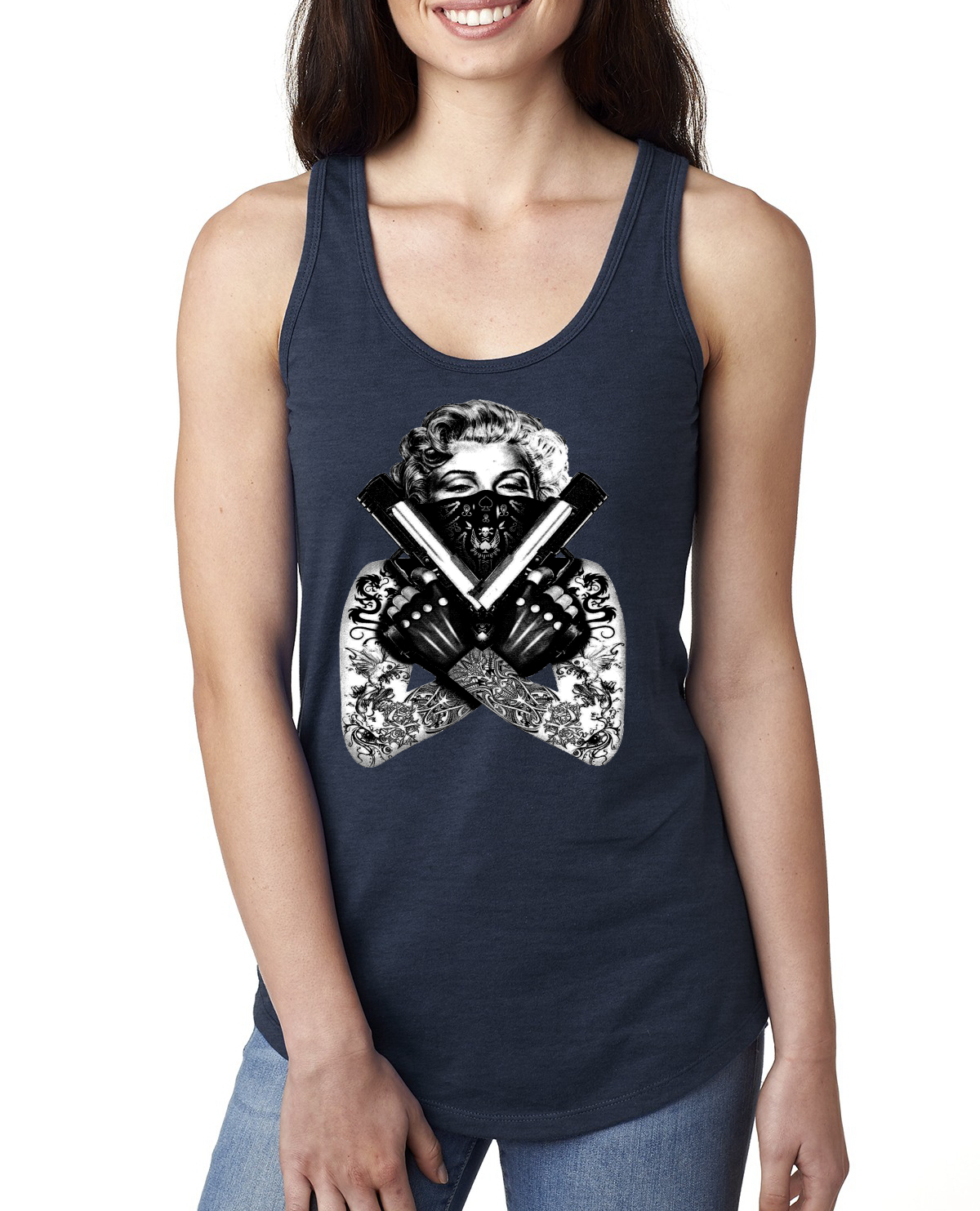 Marilyn Monroe Badass Tattoo Art Guns Women Jersey Racerback Tank Top - Picture 6 of 16