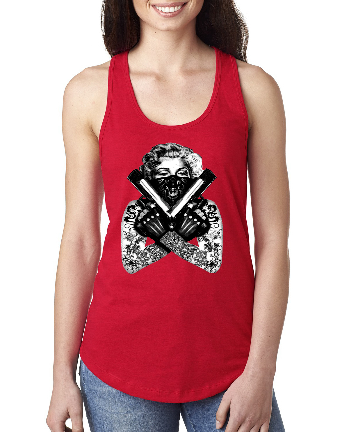Marilyn Monroe Badass Tattoo Art Guns Women Jersey Racerback Tank Top - Picture 7 of 16