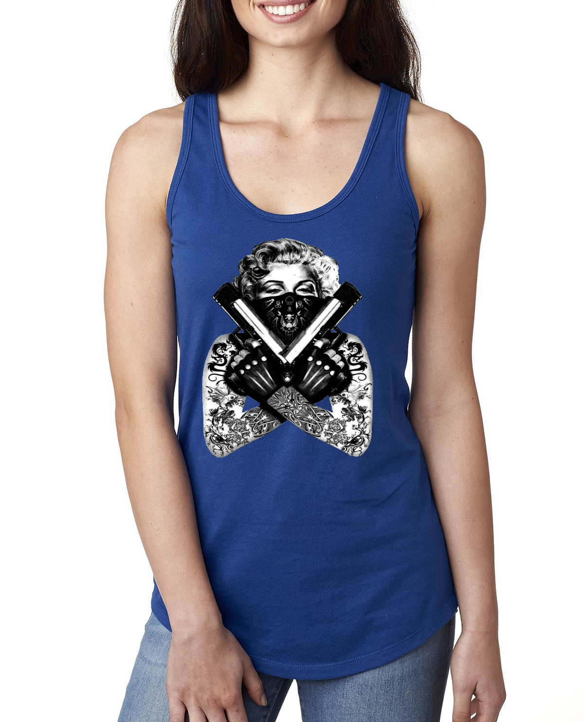 Marilyn Monroe Badass Tattoo Art Guns Women Jersey Racerback Tank Top - Picture 8 of 16
