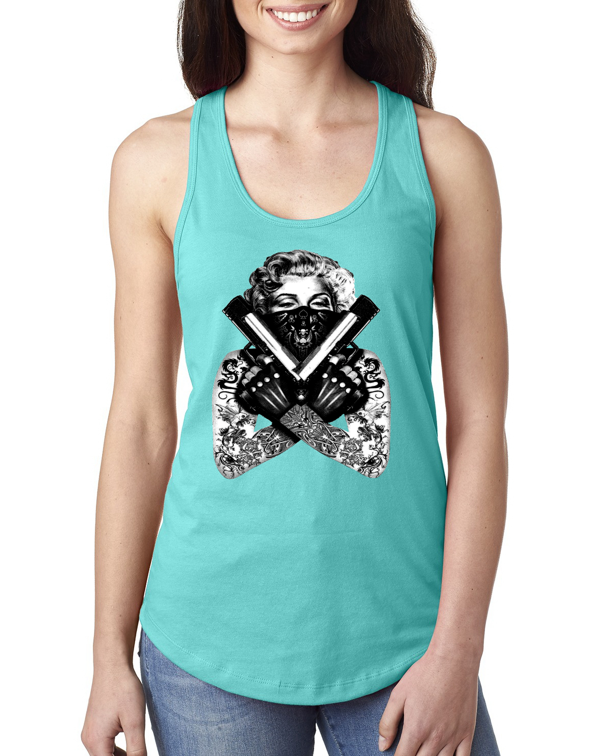 Marilyn Monroe Badass Tattoo Art Guns Women Jersey Racerback Tank Top - Picture 9 of 16