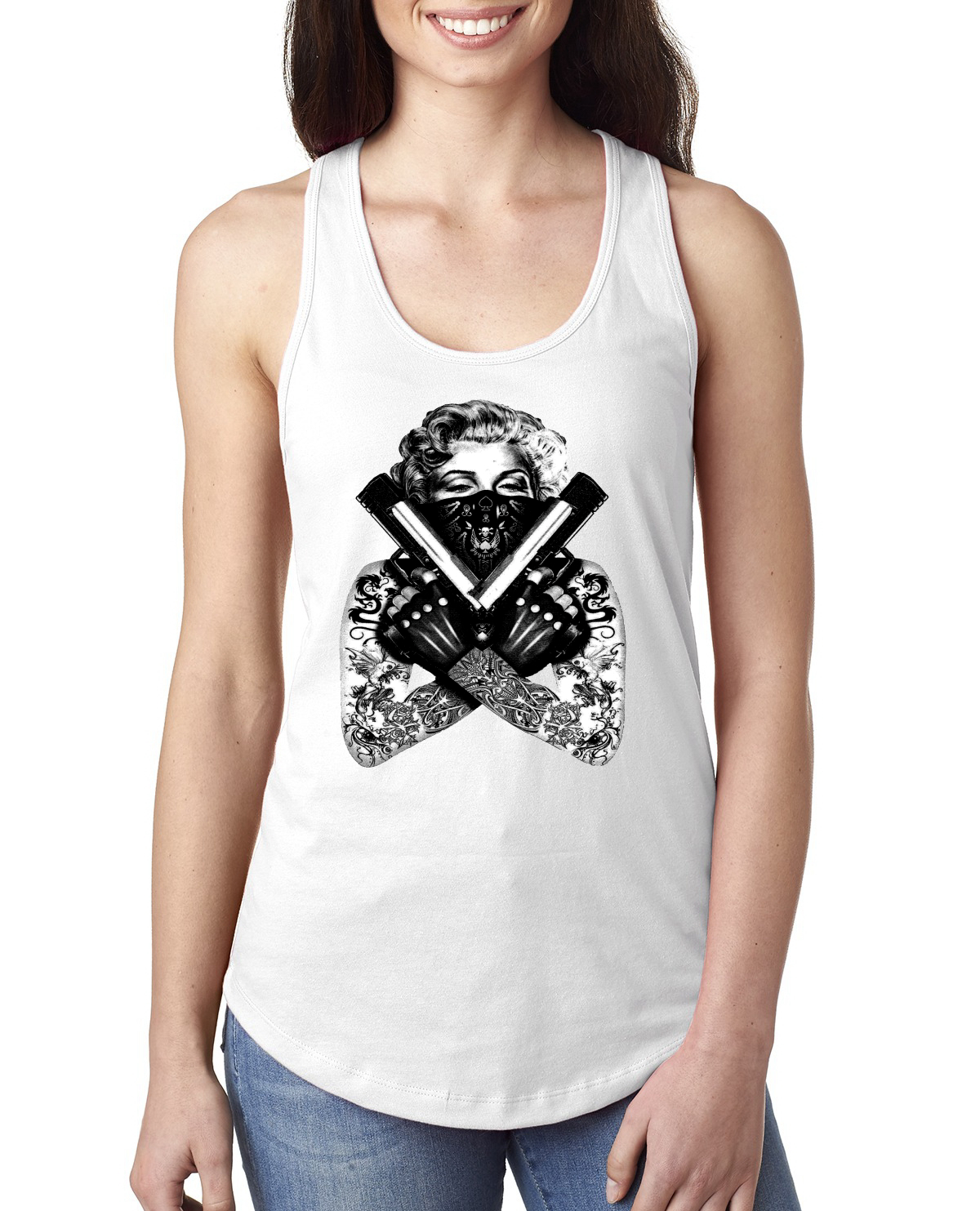 Marilyn Monroe Badass Tattoo Art Guns Women Jersey Racerback Tank Top - Picture 16 of 16