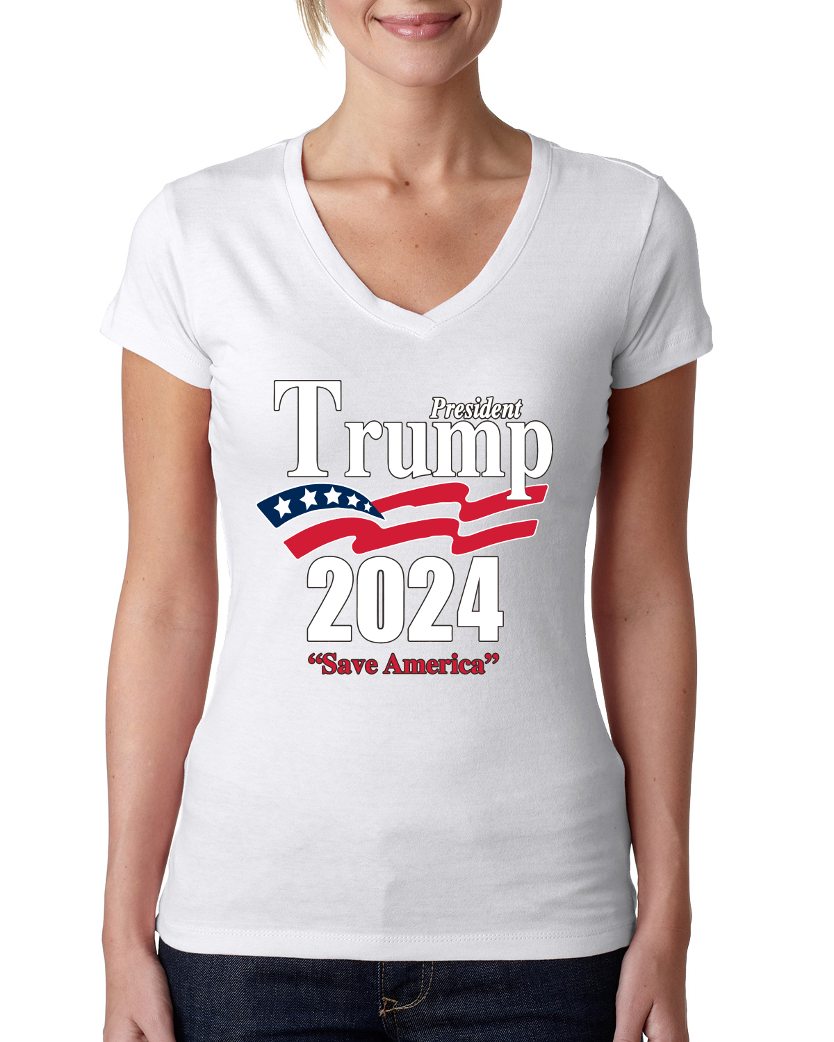 Trump 2024 Shirt Save America Political Women Junior V Neck Tee EBay   3400Lwhite M1436 