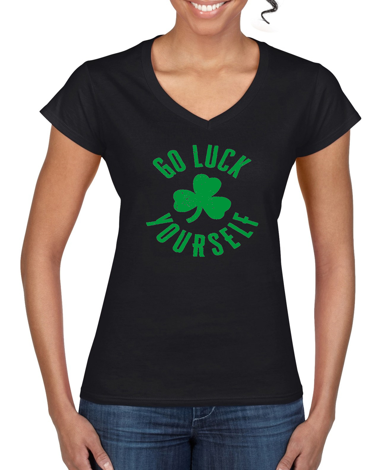 Go Luck Yourself Shamrock Design St Patricks Day Women Standard V-Neck Tee - Picture 3 of 4