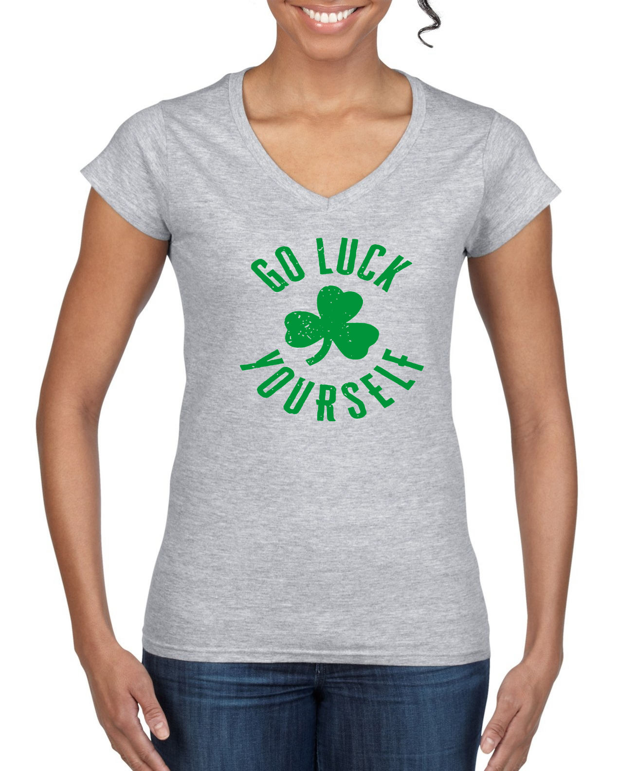 Go Luck Yourself Shamrock Design St Patricks Day Women Standard V-Neck Tee - Picture 4 of 4