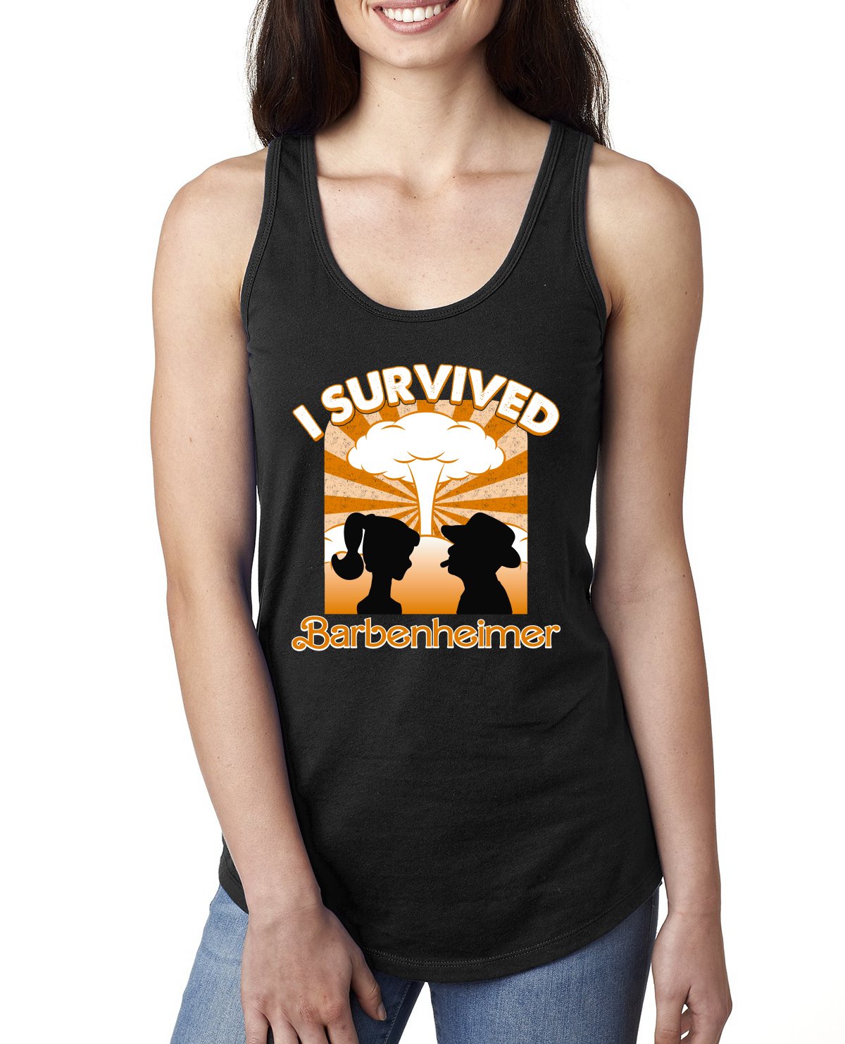 Orange Barbenheimer I Survived Pop Culture Ladies Racerback Tank Top - Picture 3 of 6