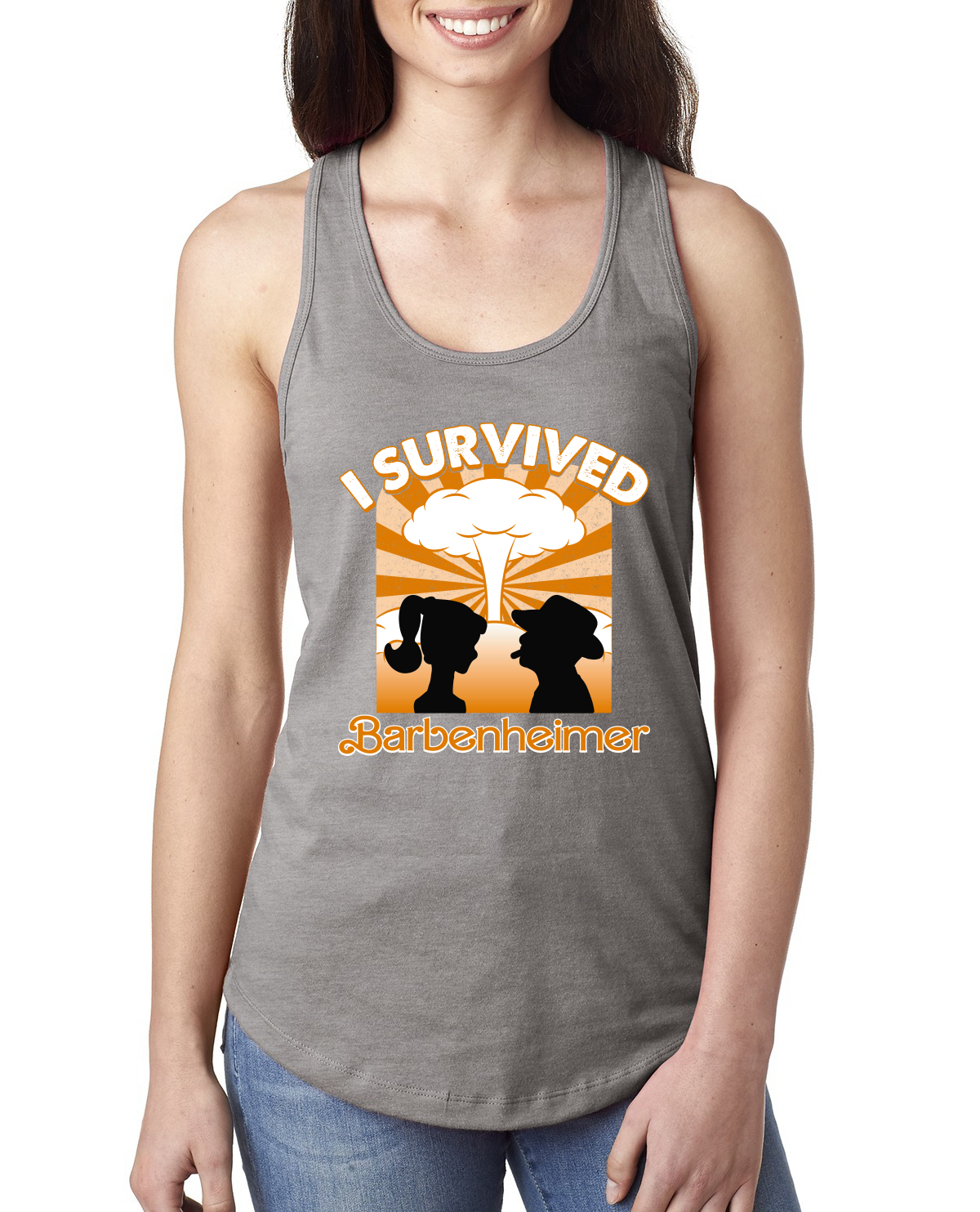 Orange Barbenheimer I Survived Pop Culture Ladies Racerback Tank Top - Picture 4 of 6