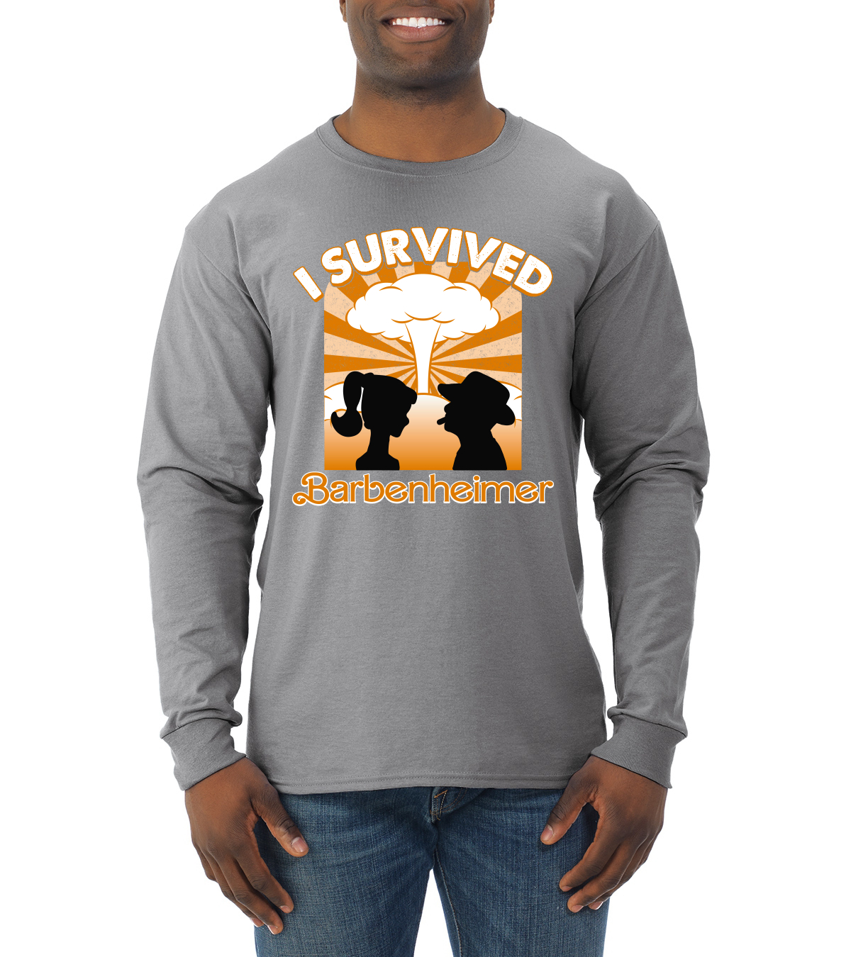 Camiseta naranja Barbenheimer I sobrevivió a la cultura pop para hombre manga larga - Imagen 7 de 10