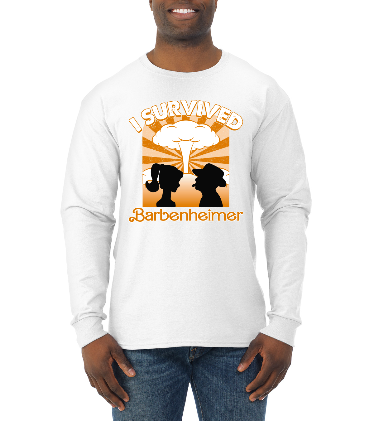 Camiseta naranja Barbenheimer I sobrevivió a la cultura pop para hombre manga larga - Imagen 10 de 10