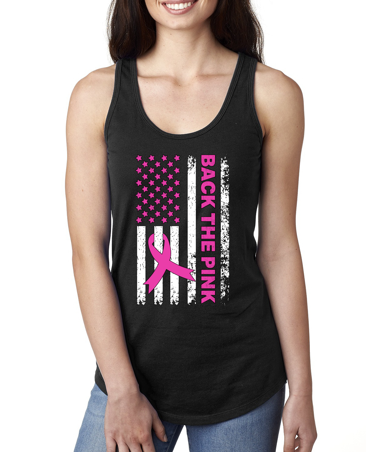 Camiseta sin mangas Back the Pink American Flag Awareness para damas Racerback - Imagen 3 de 5