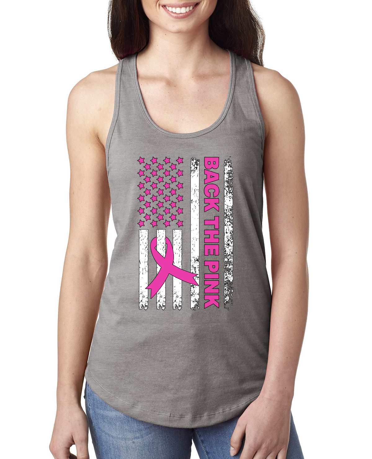 Camiseta sin mangas Back the Pink American Flag Awareness para damas Racerback - Imagen 4 de 5