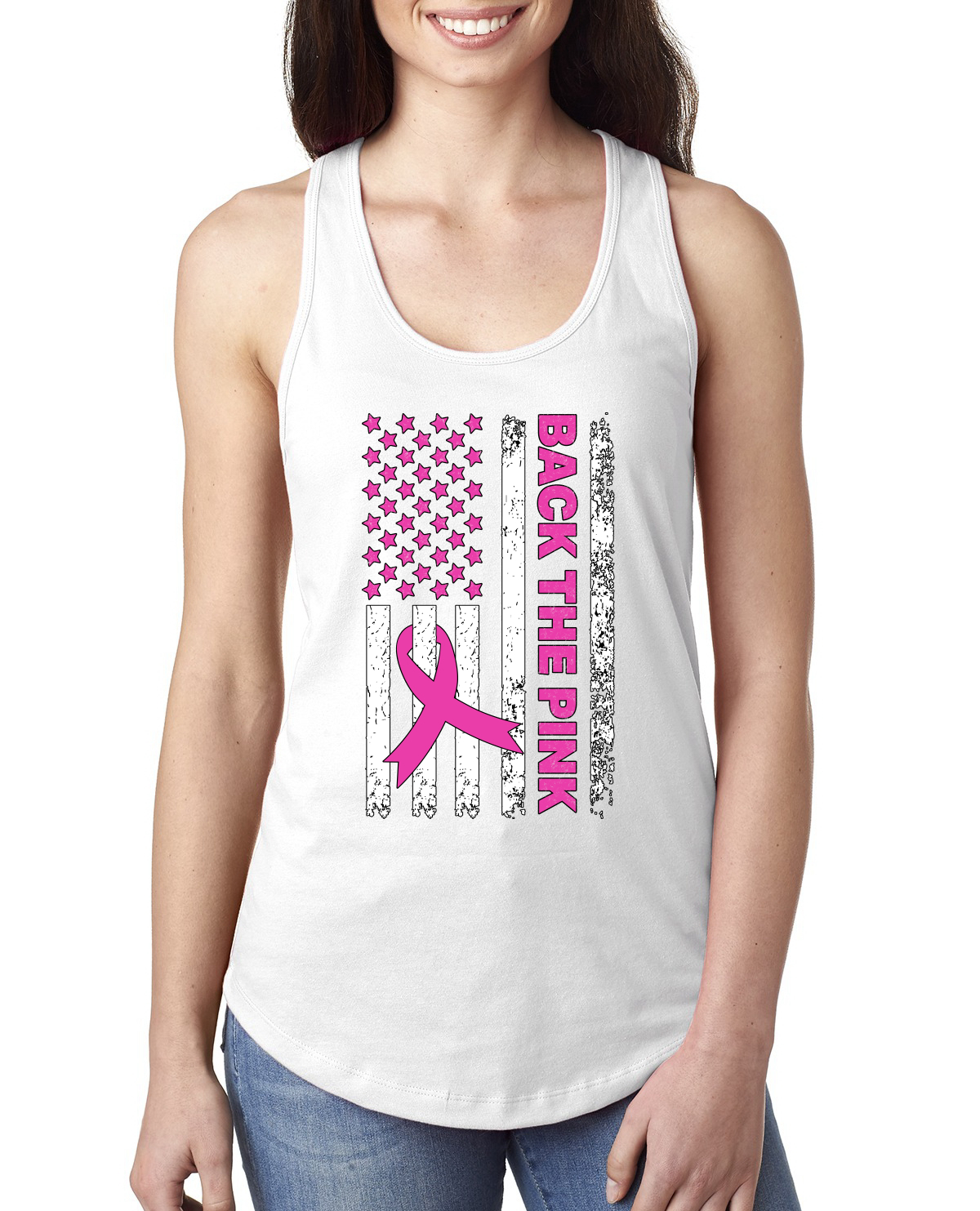 Camiseta sin mangas Back the Pink American Flag Awareness para damas Racerback - Imagen 5 de 5