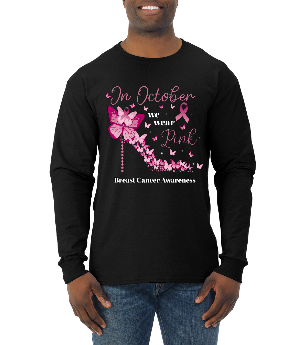In October We Wear Herren-Langarmshirt mit rosa Diamantabsatz Awareness - Bild 3 von 8