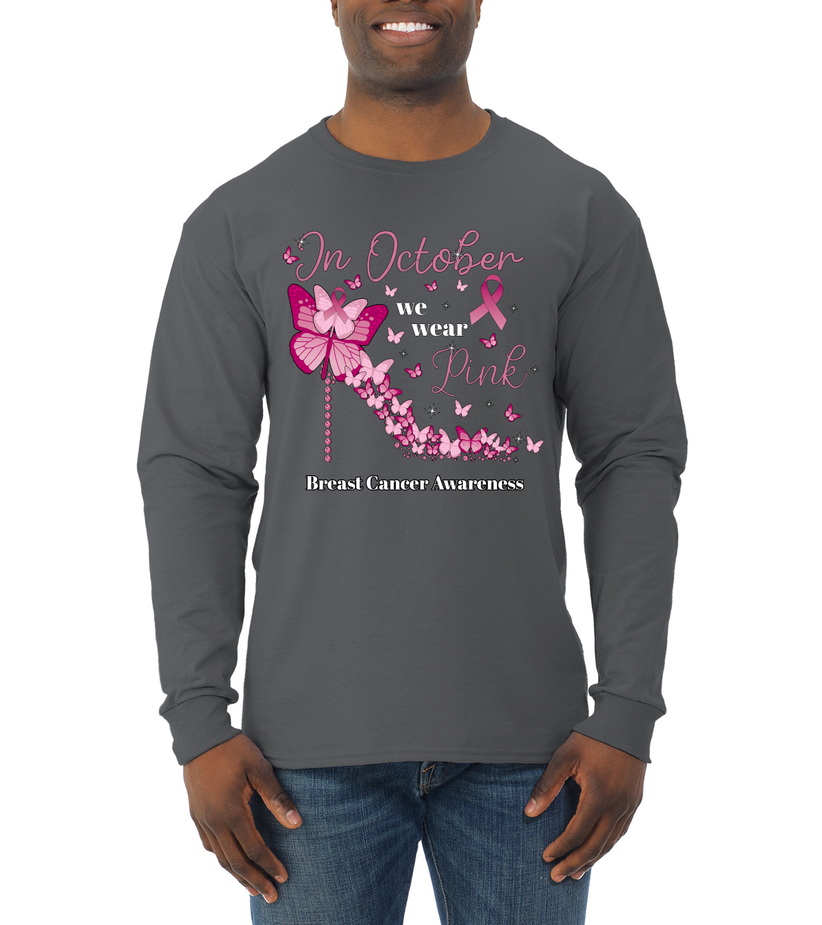 In October We Wear Herren-Langarmshirt mit rosa Diamantabsatz Awareness - Bild 4 von 8