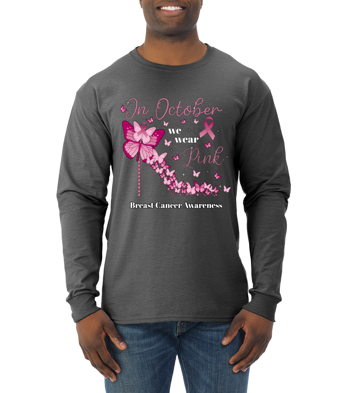 In October We Wear Herren-Langarmshirt mit rosa Diamantabsatz Awareness - Bild 5 von 8