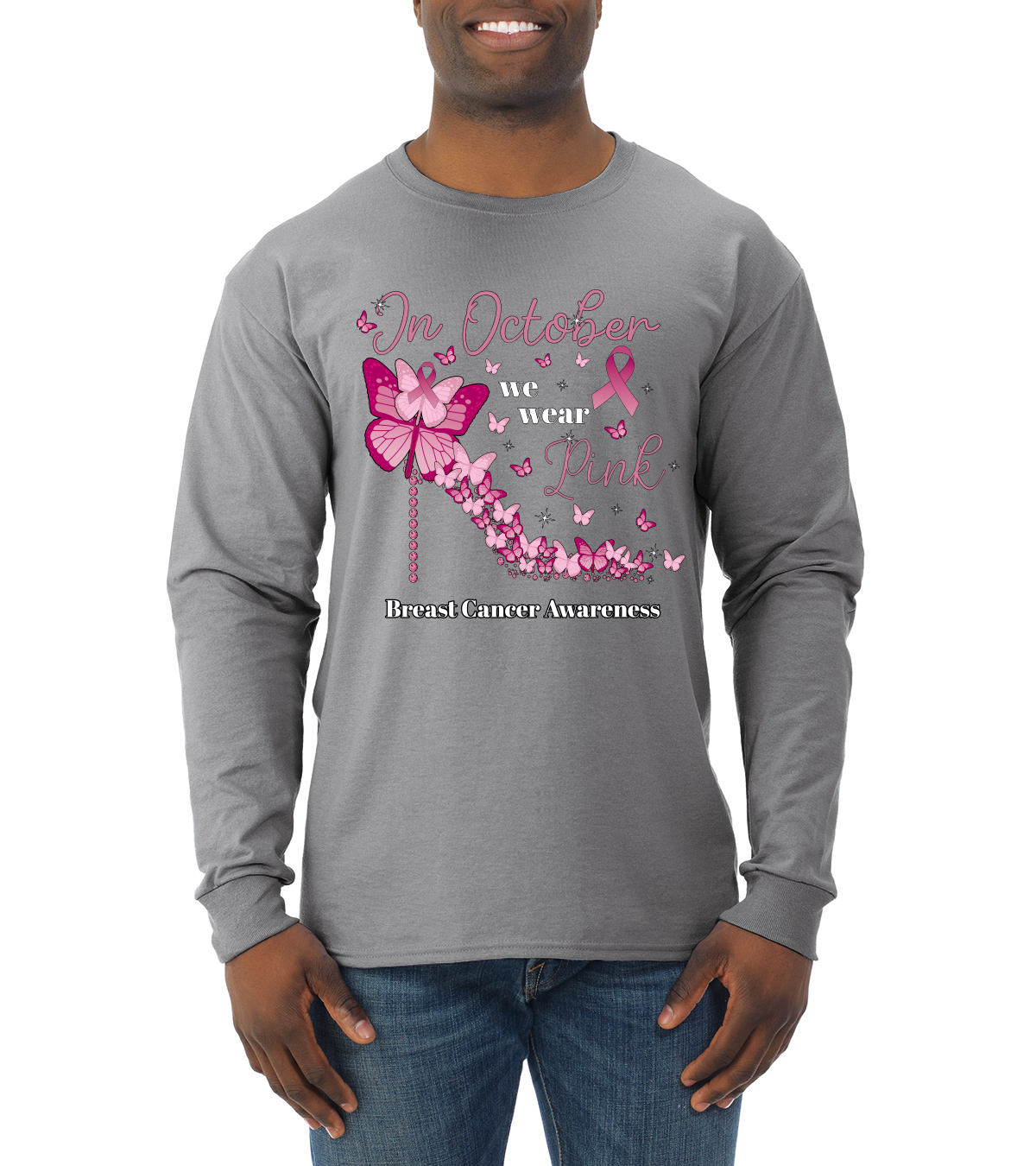 In October We Wear Herren-Langarmshirt mit rosa Diamantabsatz Awareness - Bild 6 von 8