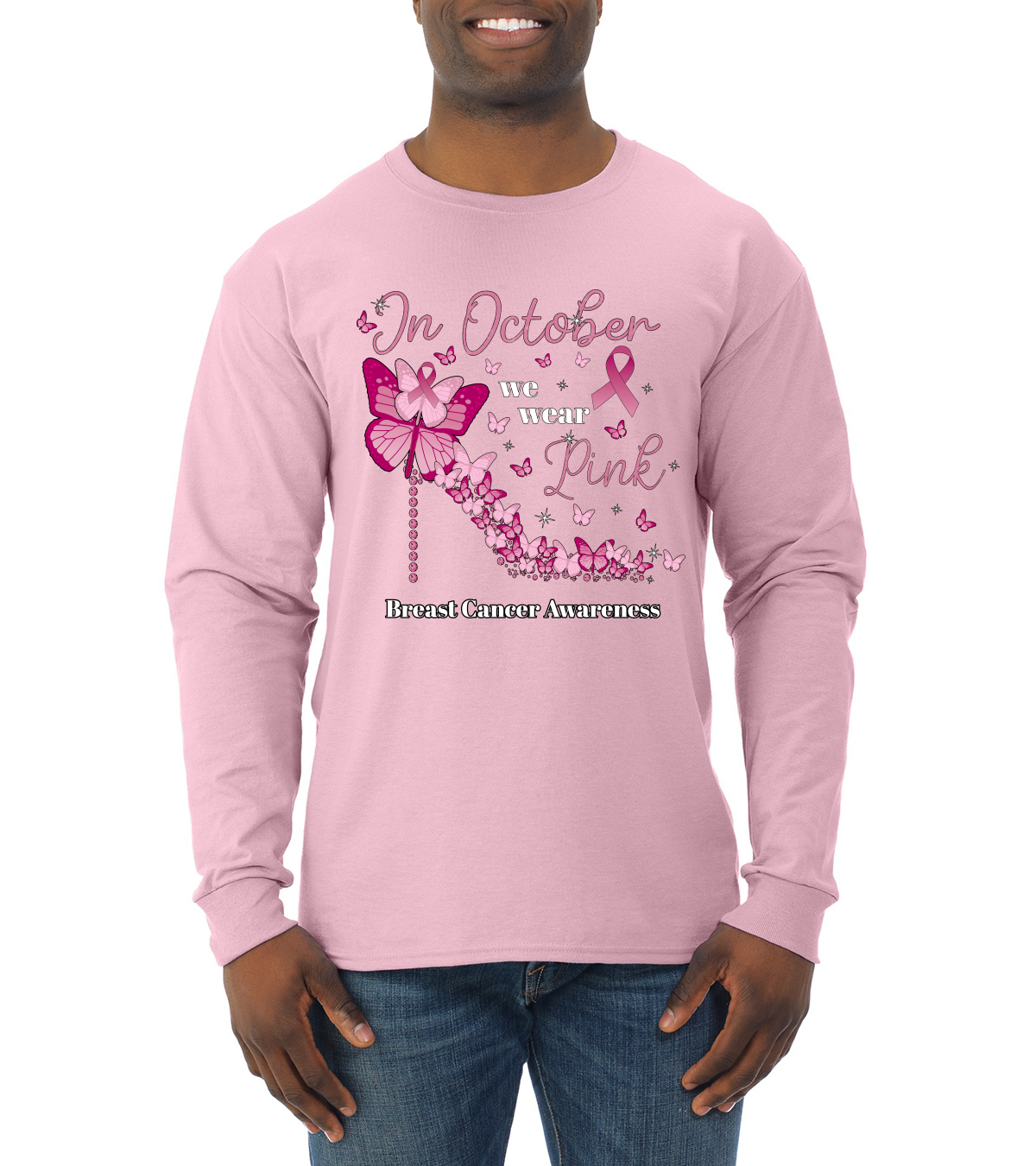 In October We Wear Herren-Langarmshirt mit rosa Diamantabsatz Awareness - Bild 7 von 8