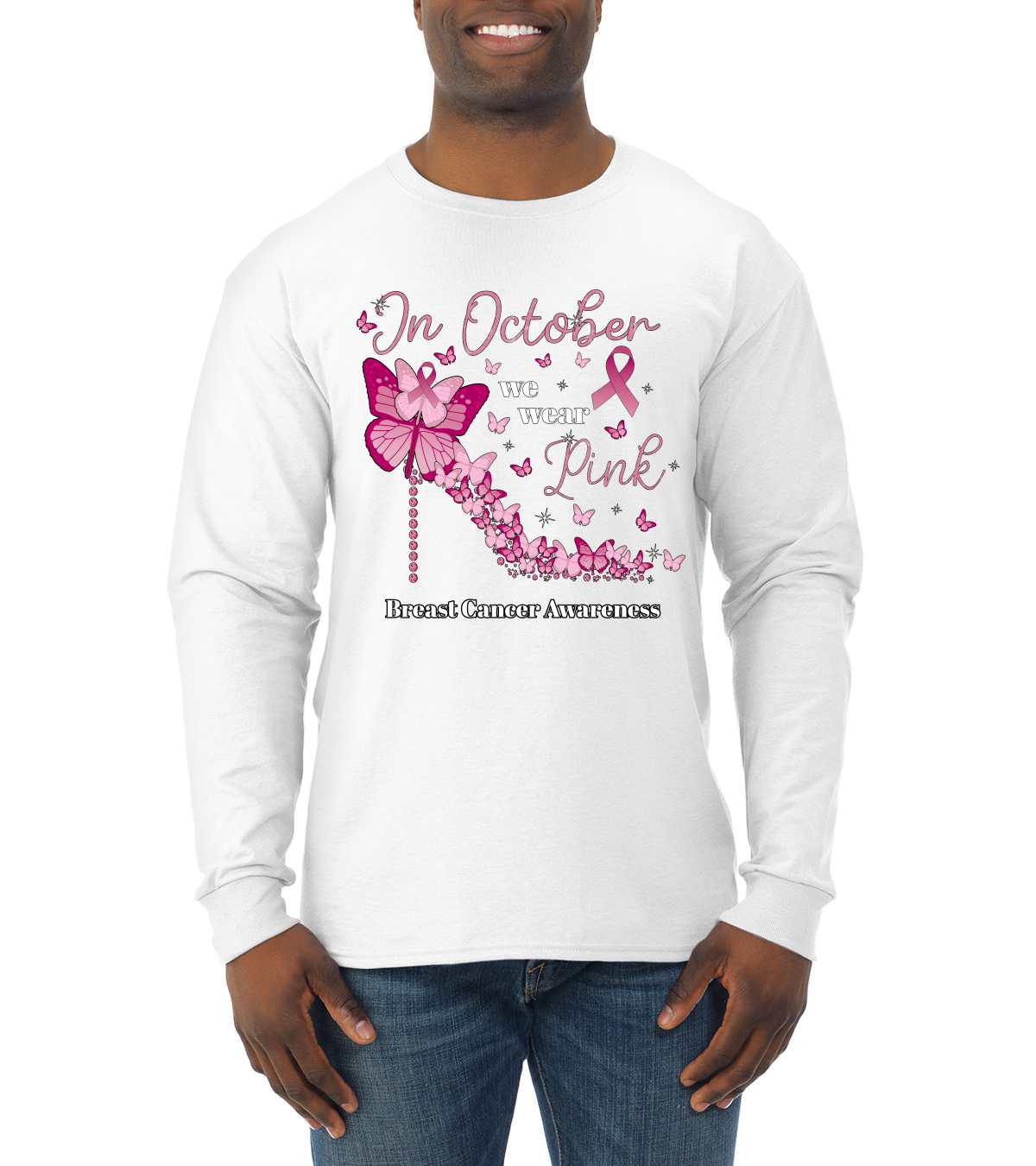 In October We Wear Herren-Langarmshirt mit rosa Diamantabsatz Awareness - Bild 8 von 8