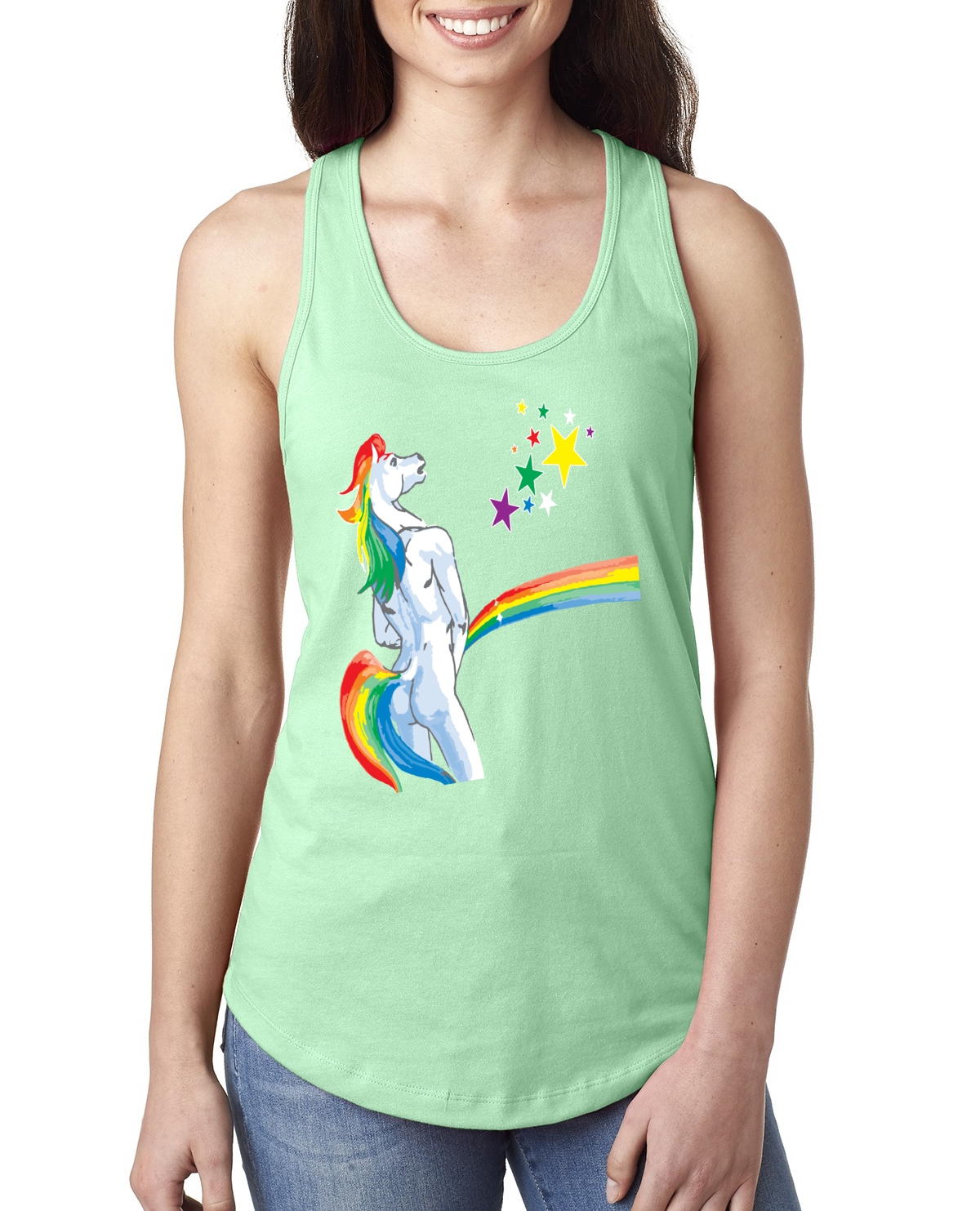 Camiseta sin mangas ofensiva arco iris orinar unicornio para mujer - Imagen 15 de 15