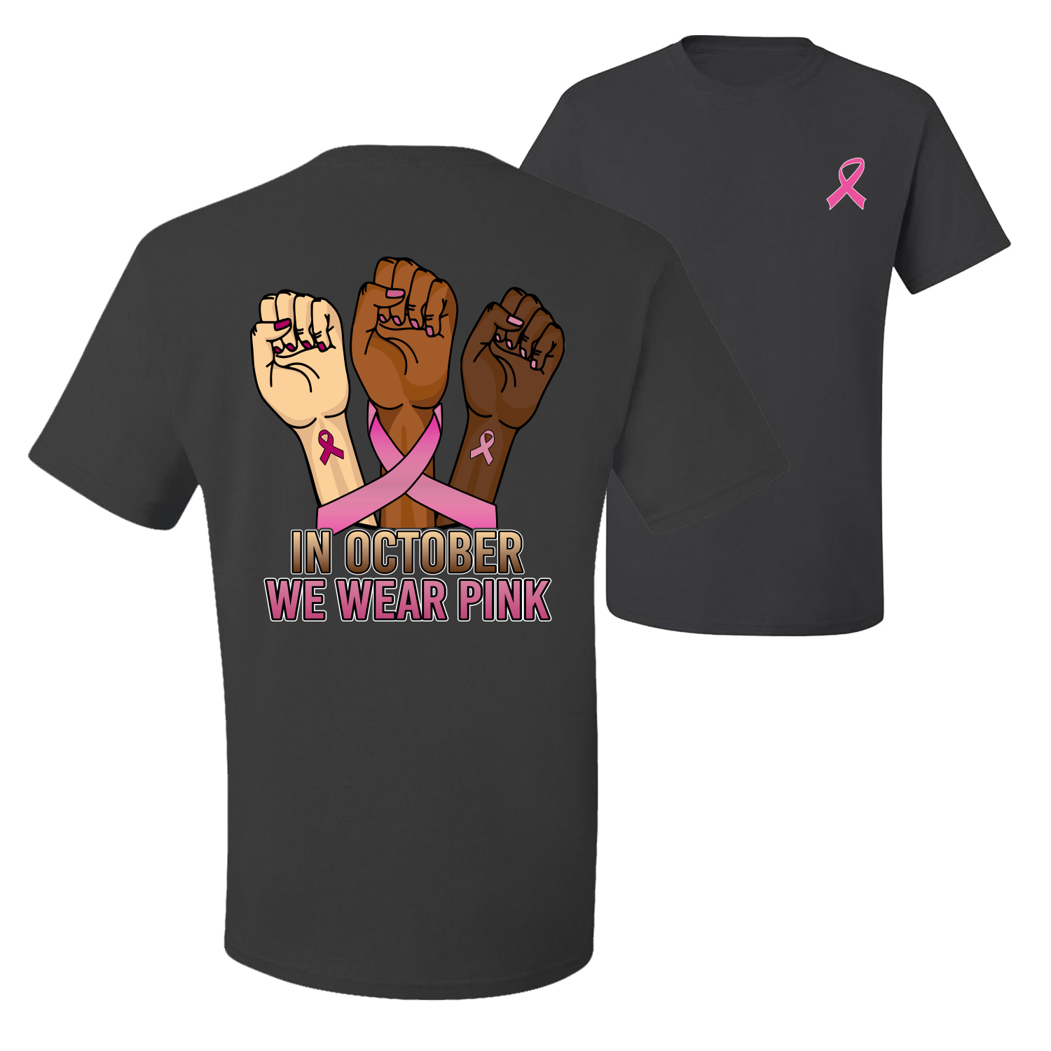 In October We Wear Pink Protest Fists Front and Back Men Graphic TShirt - Picture 3 of 9