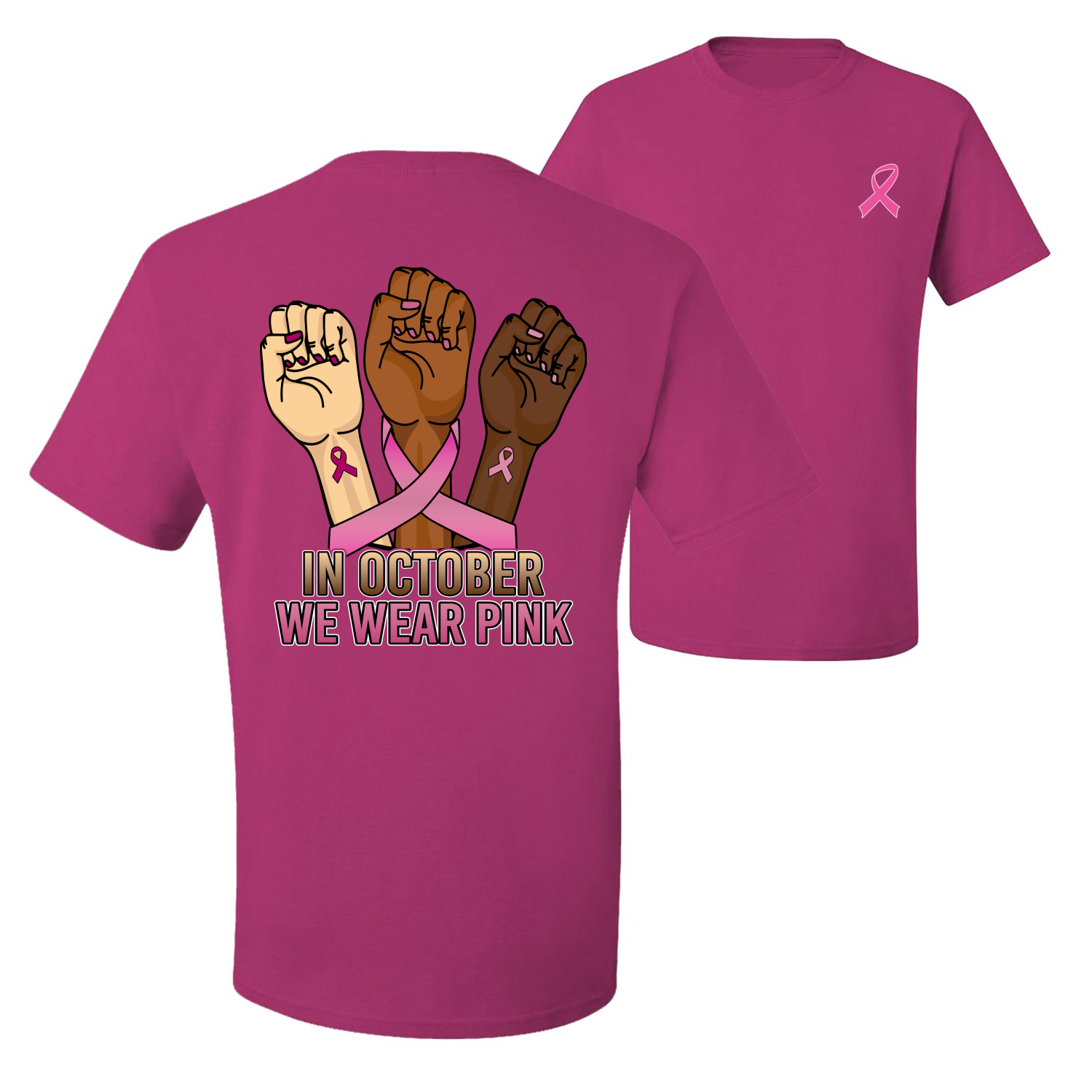 In October We Wear Pink Protest Fists Front and Back Men Graphic TShirt - Picture 4 of 9