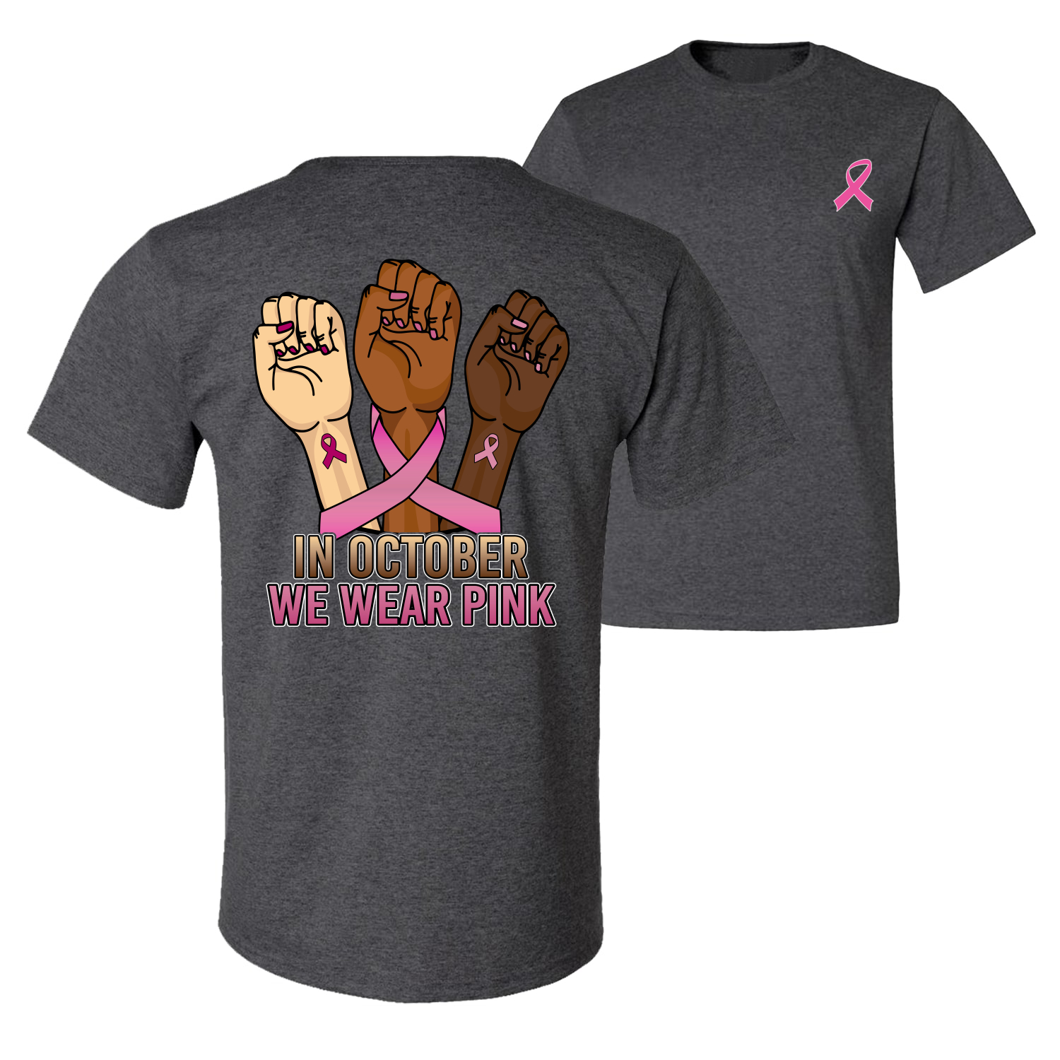 In October We Wear Pink Protest Fists Front and Back Men Graphic TShirt - Picture 5 of 9