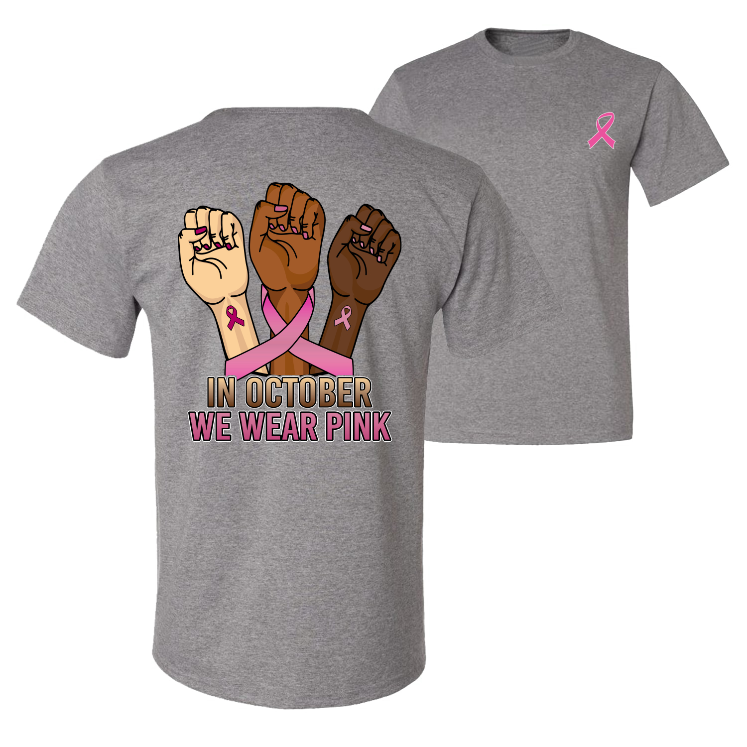 In October We Wear Pink Protest Fists Front and Back Men Graphic TShirt - Picture 6 of 9