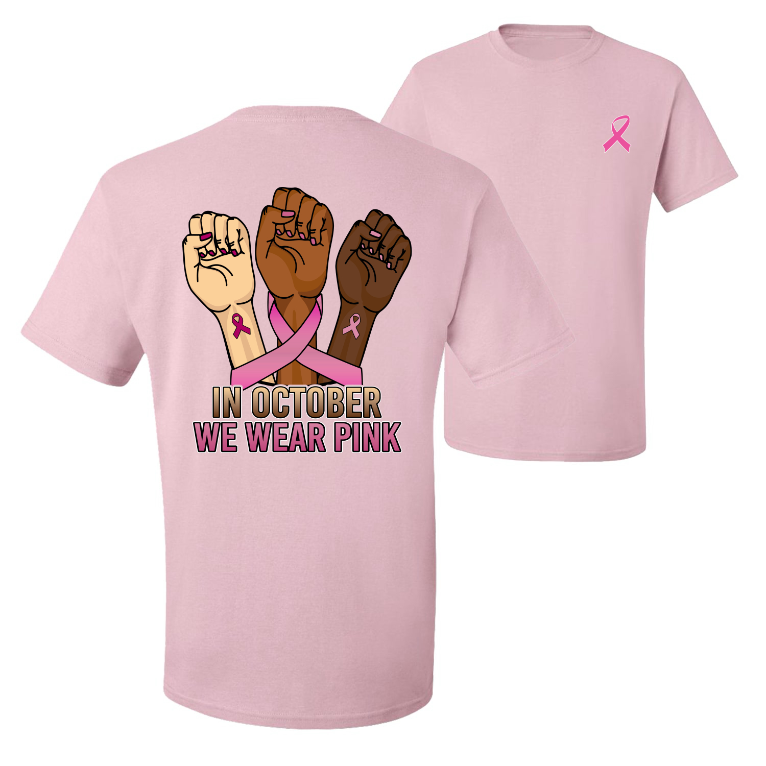 In October We Wear Pink Protest Fists Front and Back Men Graphic TShirt - Picture 7 of 9