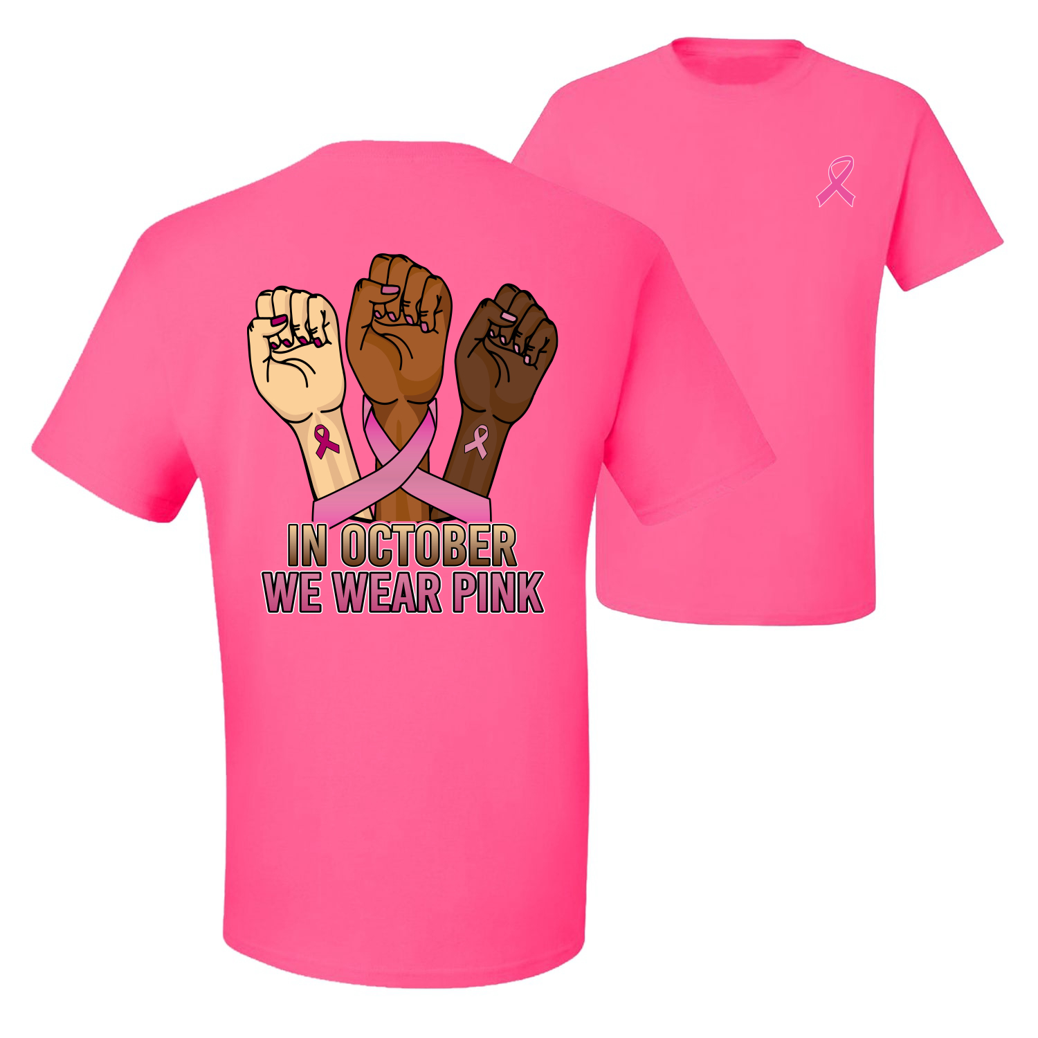 In October We Wear Pink Protest Fists Front and Back Men Graphic TShirt - Picture 8 of 9