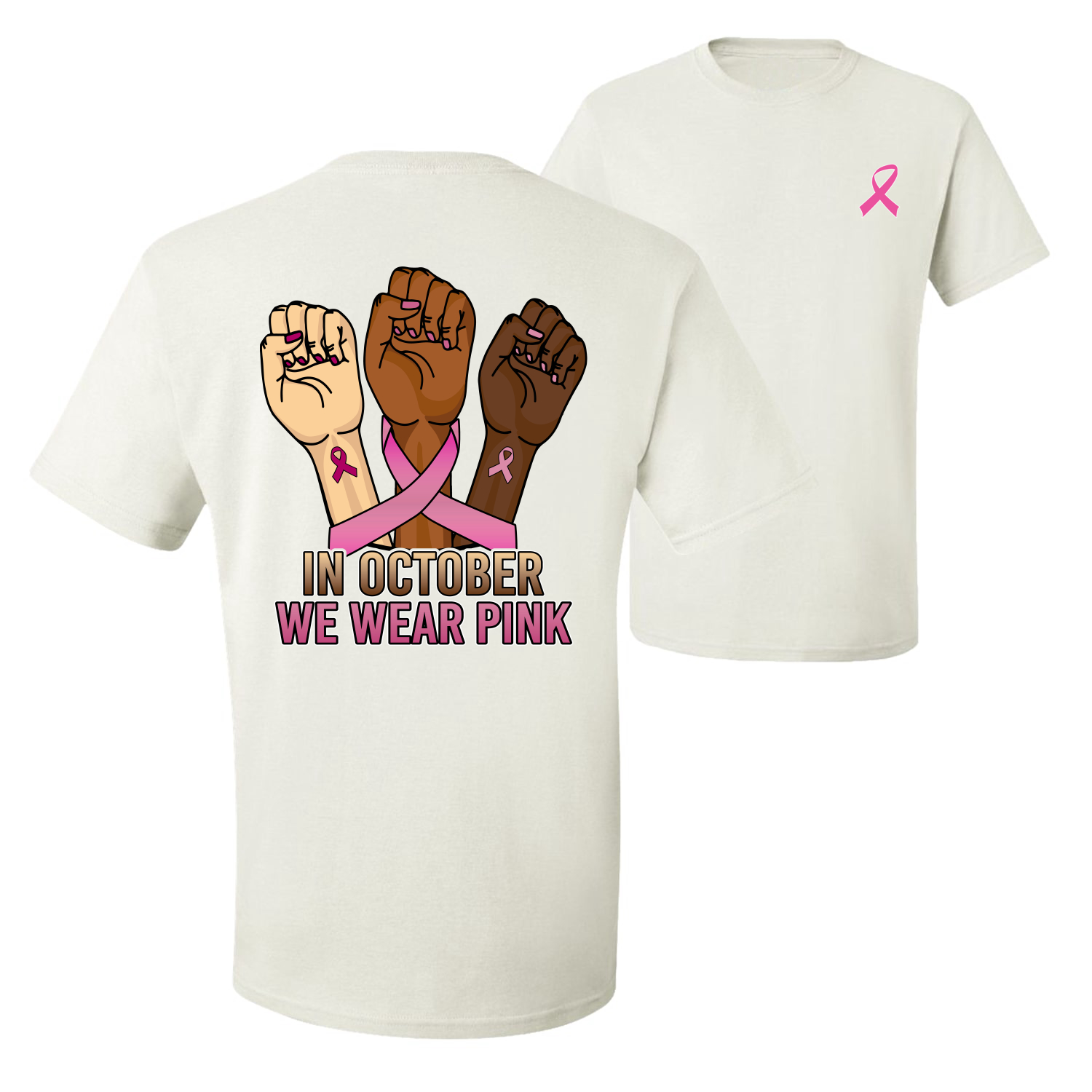 In October We Wear Pink Protest Fists Front and Back Men Graphic TShirt - Picture 9 of 9