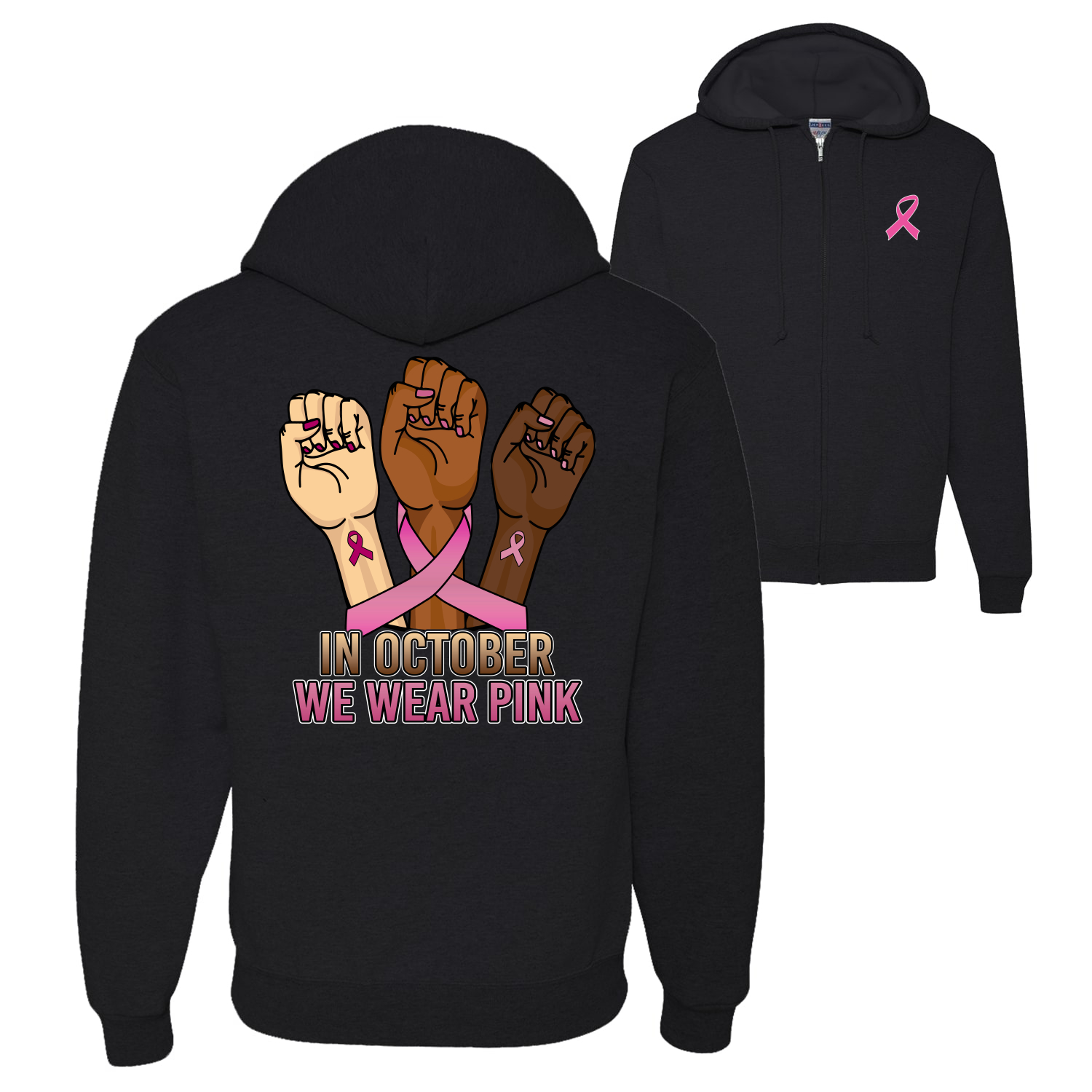 In October We Wear rosa Protestfäuste grafischer Hoodie-Sweatshirt mit Reißverschluss - Bild 2 von 3