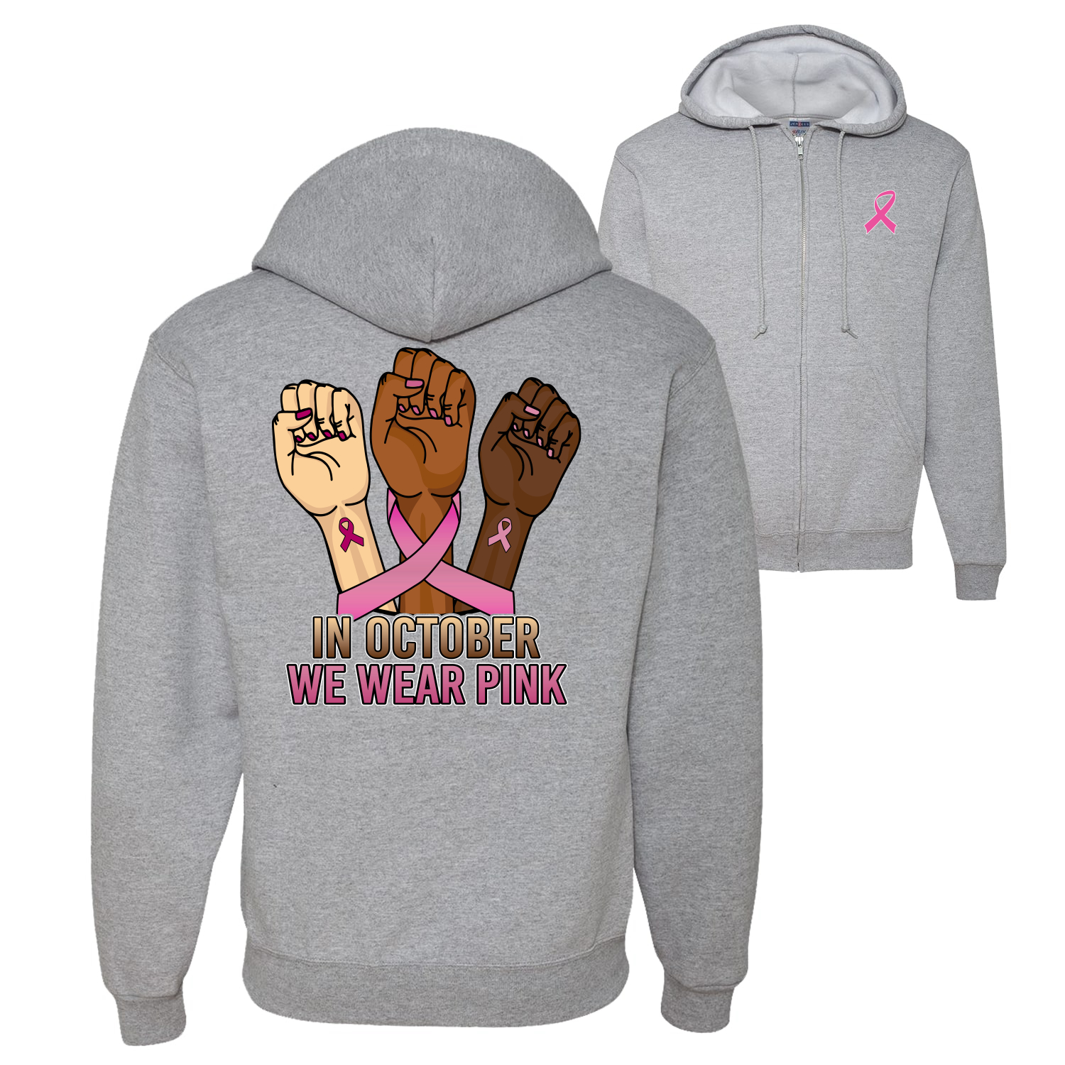 In October We Wear rosa Protestfäuste grafischer Hoodie-Sweatshirt mit Reißverschluss - Bild 3 von 3