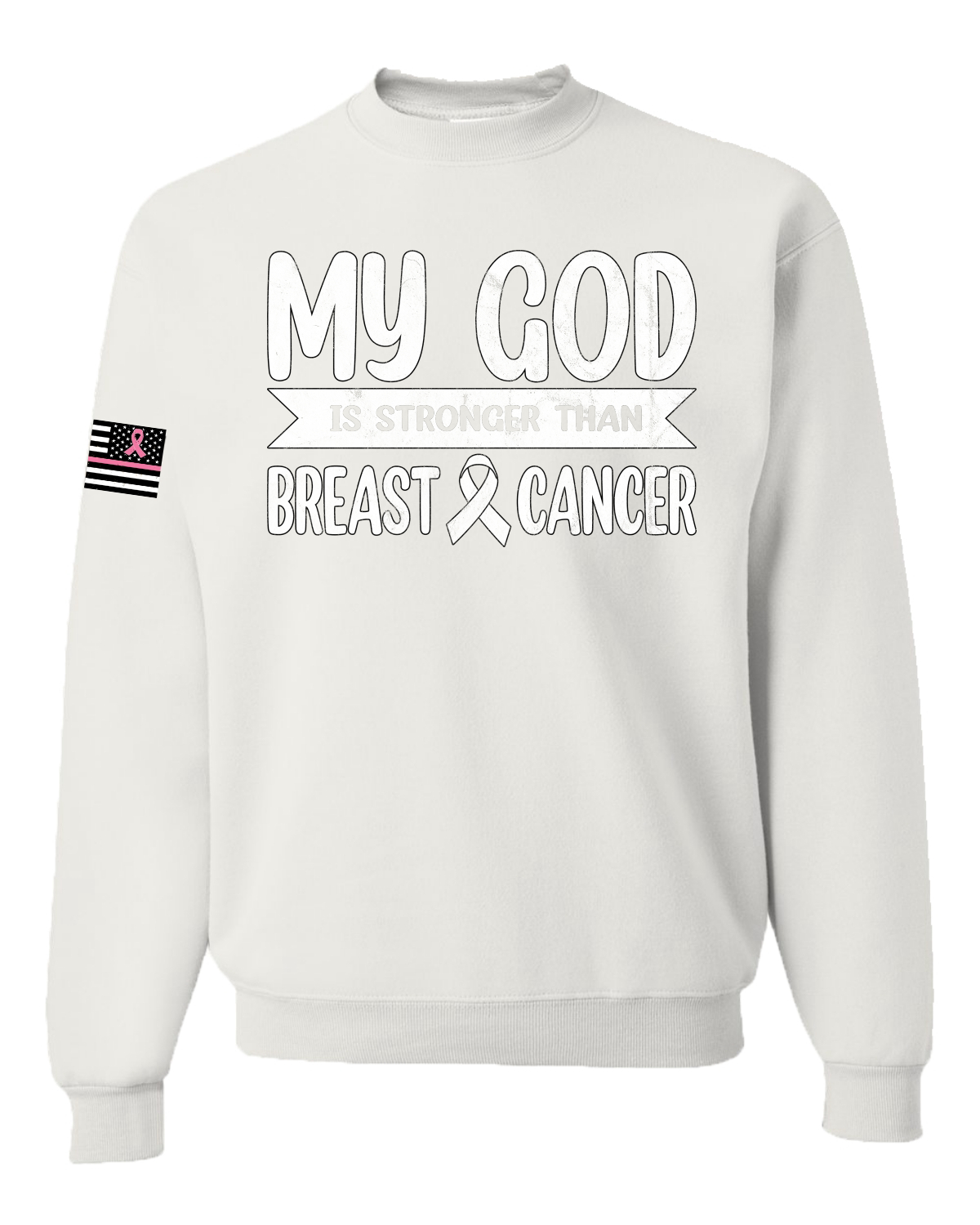 Sudadera unisex My God Is Stronger Than Breast Cancer blanca angustiada - Imagen 8 de 8