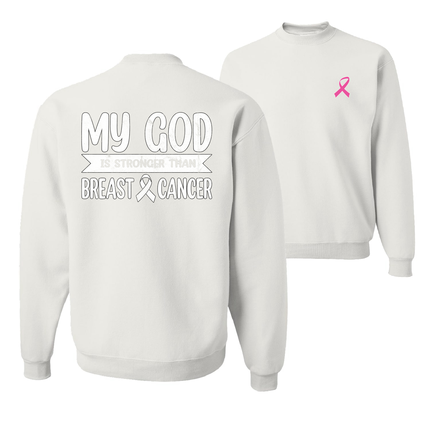 Sudadera unisex My God Is Stronger Than Breast Cancer blanca angustiada - Imagen 8 de 8