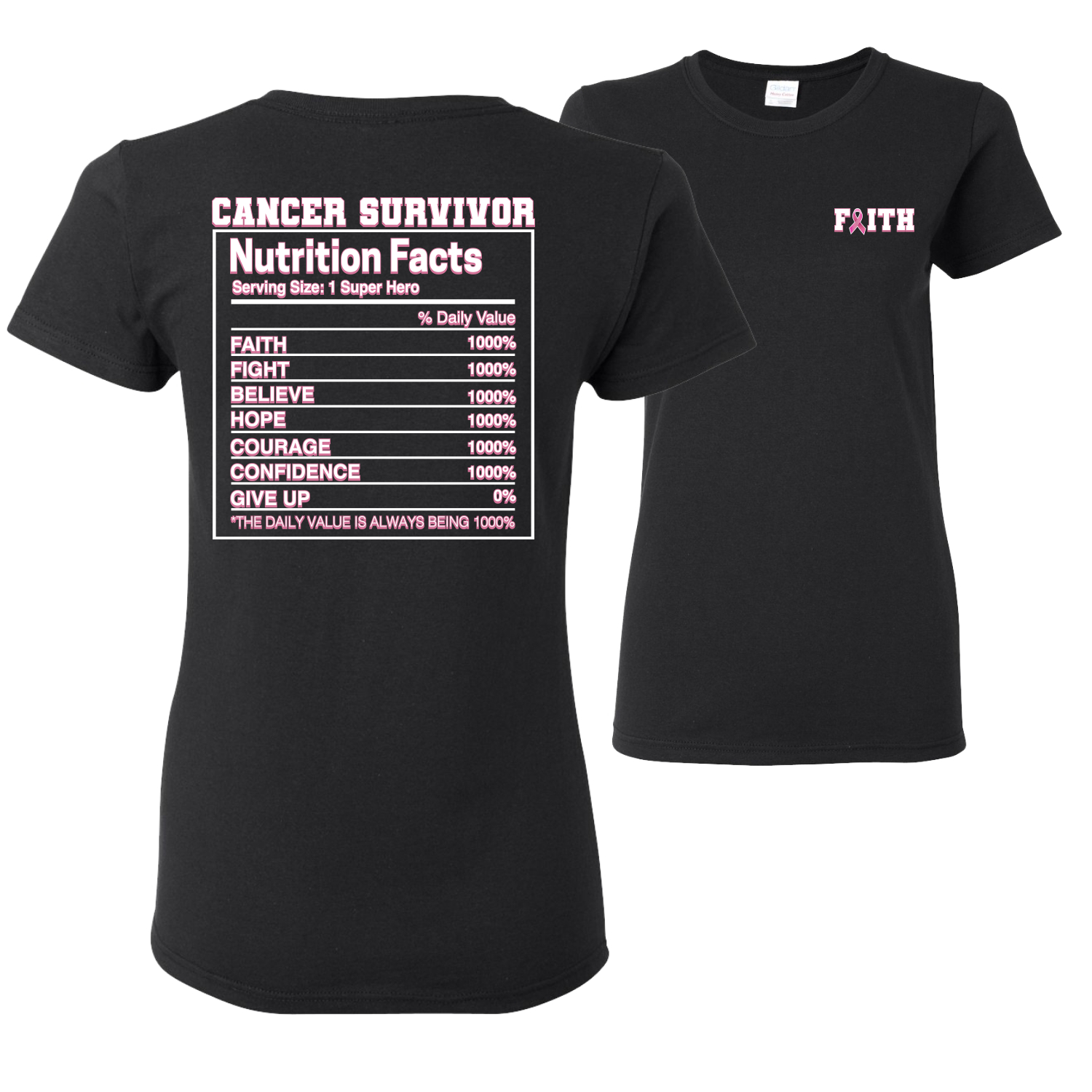 Camiseta deportiva gráfica para mujeres sobrevivientes de cáncer de mama información nutricional delantera y trasera - Imagen 2 de 6