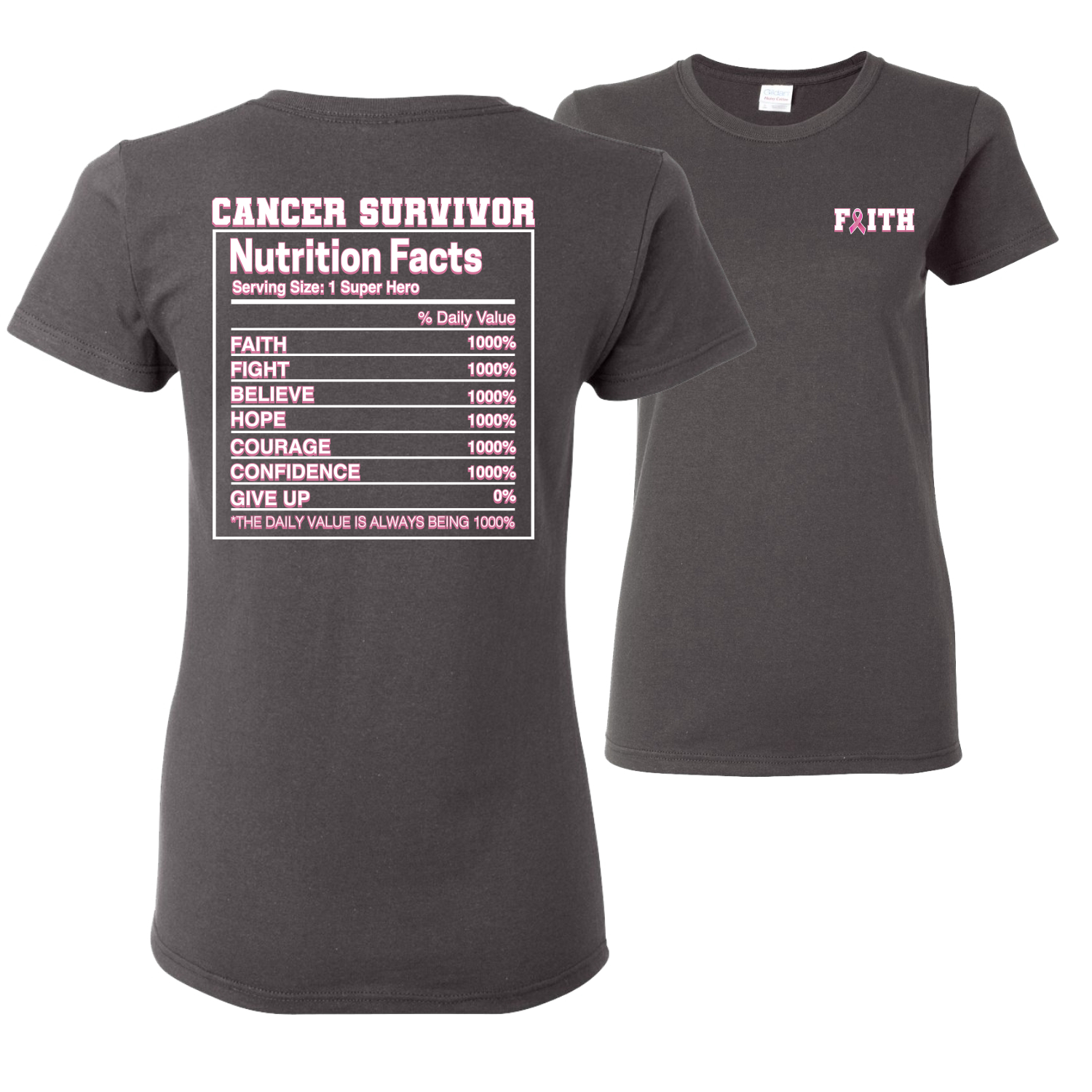 Camiseta deportiva gráfica para mujeres sobrevivientes de cáncer de mama información nutricional delantera y trasera - Imagen 3 de 6
