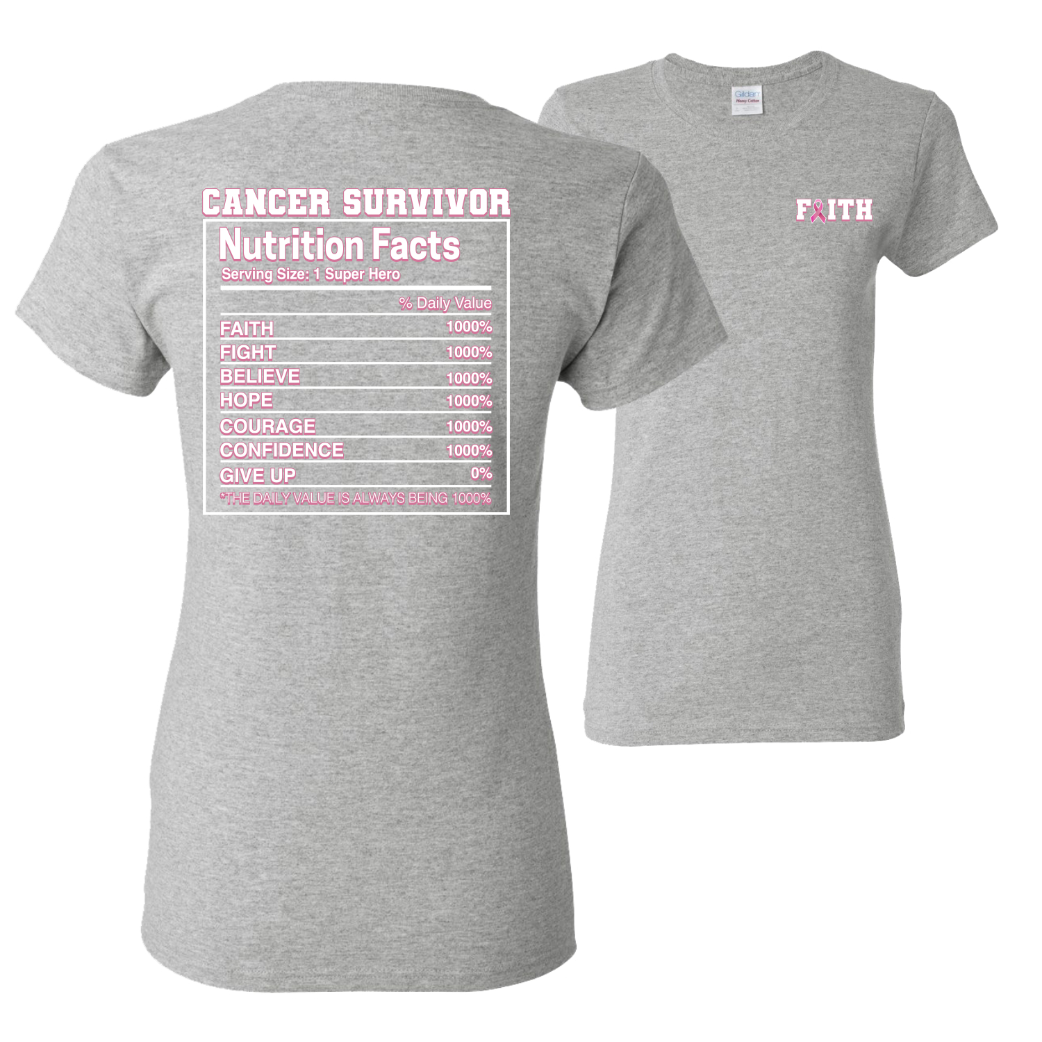 Camiseta deportiva gráfica para mujeres sobrevivientes de cáncer de mama información nutricional delantera y trasera - Imagen 4 de 6