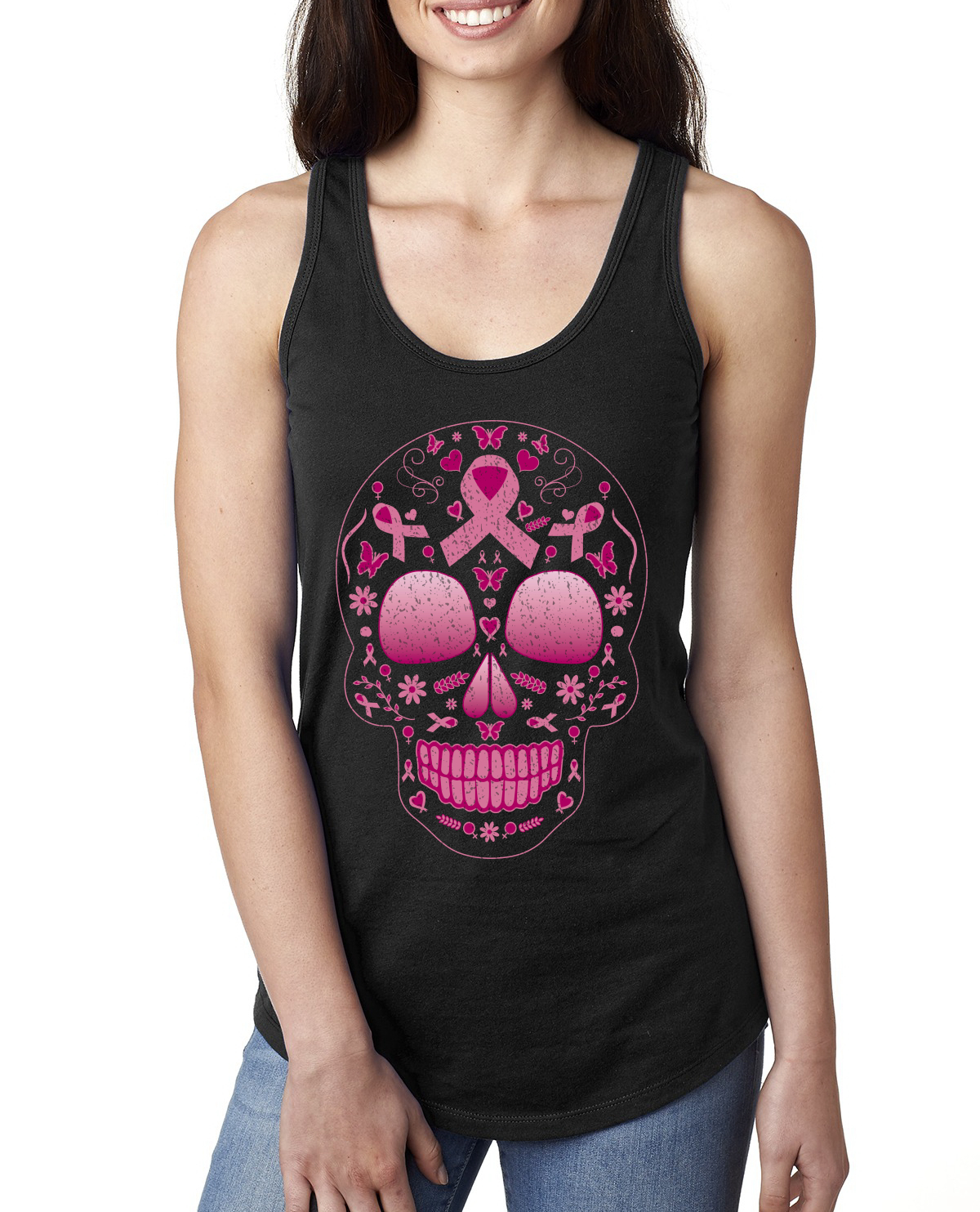 Top sin mangas rosa cáncer de mama azúcar calavera damas Racerback - Imagen 3 de 3