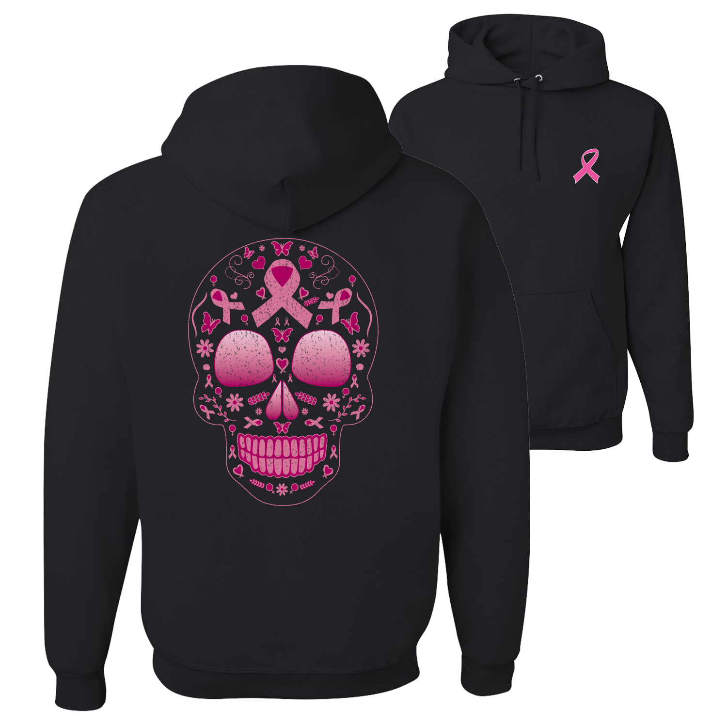 Rosa Brustkrebs Zuckerschädel vorne und hinten Unisex Grafik Hoodie Sweatshirt - Bild 2 von 4