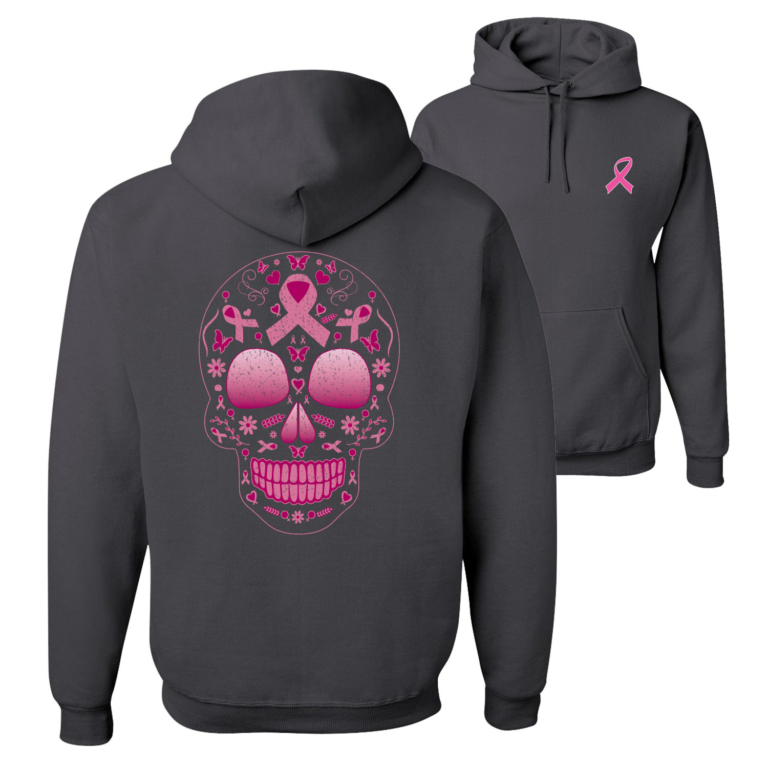 Rosa Brustkrebs Zuckerschädel vorne und hinten Unisex Grafik Hoodie Sweatshirt - Bild 3 von 4