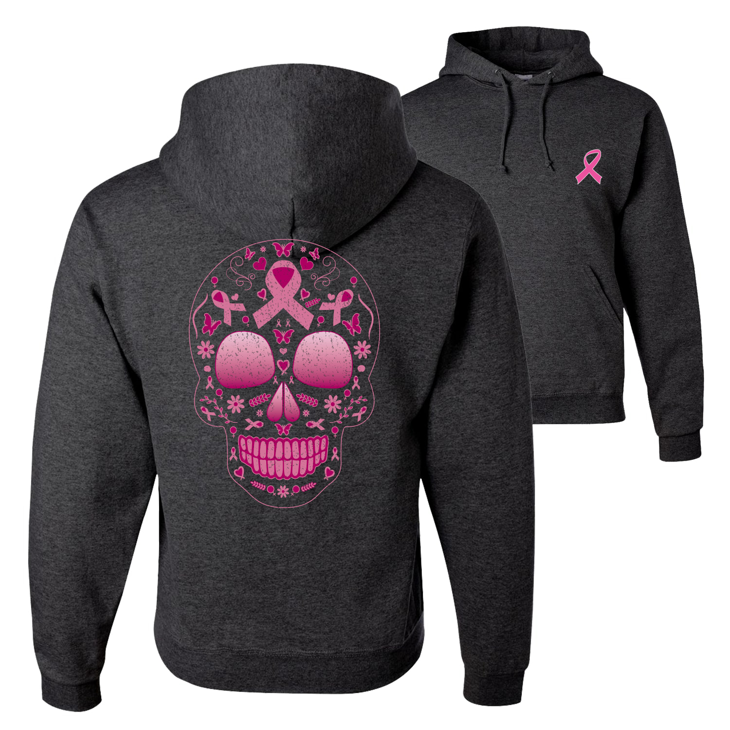 Rosa Brustkrebs Zuckerschädel vorne und hinten Unisex Grafik Hoodie Sweatshirt - Bild 4 von 4
