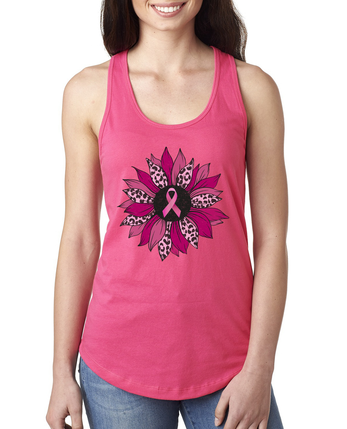 Top sin mangas rosa con estampado de guepardo cáncer de mama clavel flor damas Racerback - Imagen 7 de 8