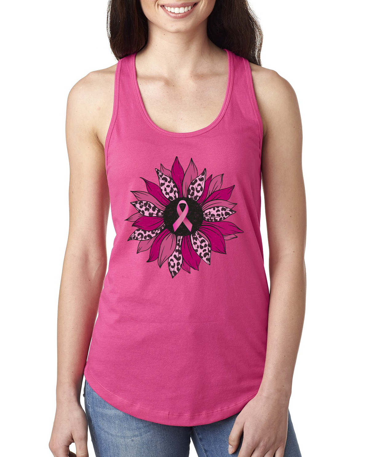 Top sin mangas rosa con estampado de guepardo cáncer de mama clavel flor damas Racerback - Imagen 8 de 8